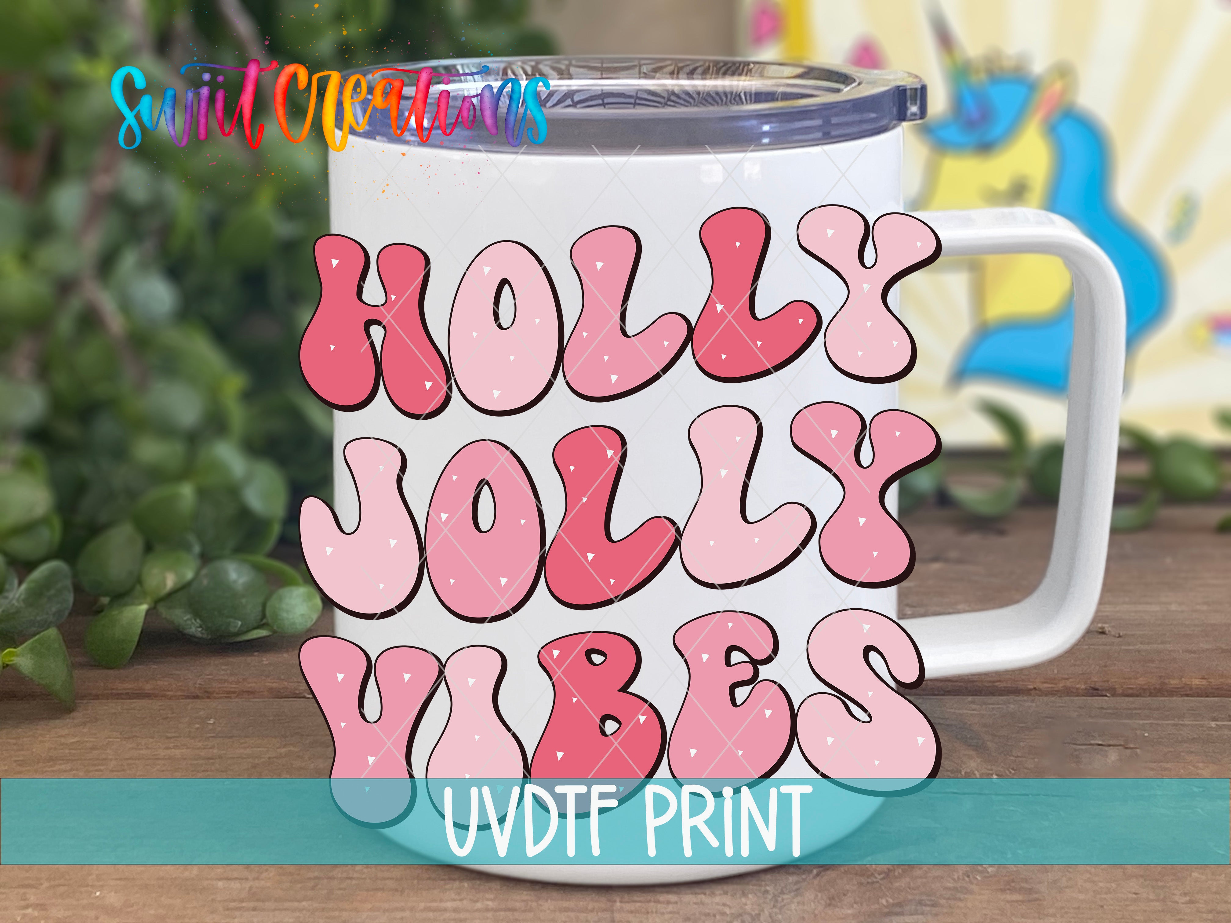 A white mug with the text "HOLY JOYL YIBES" printed on it, along with a unicorn illustration in the background.