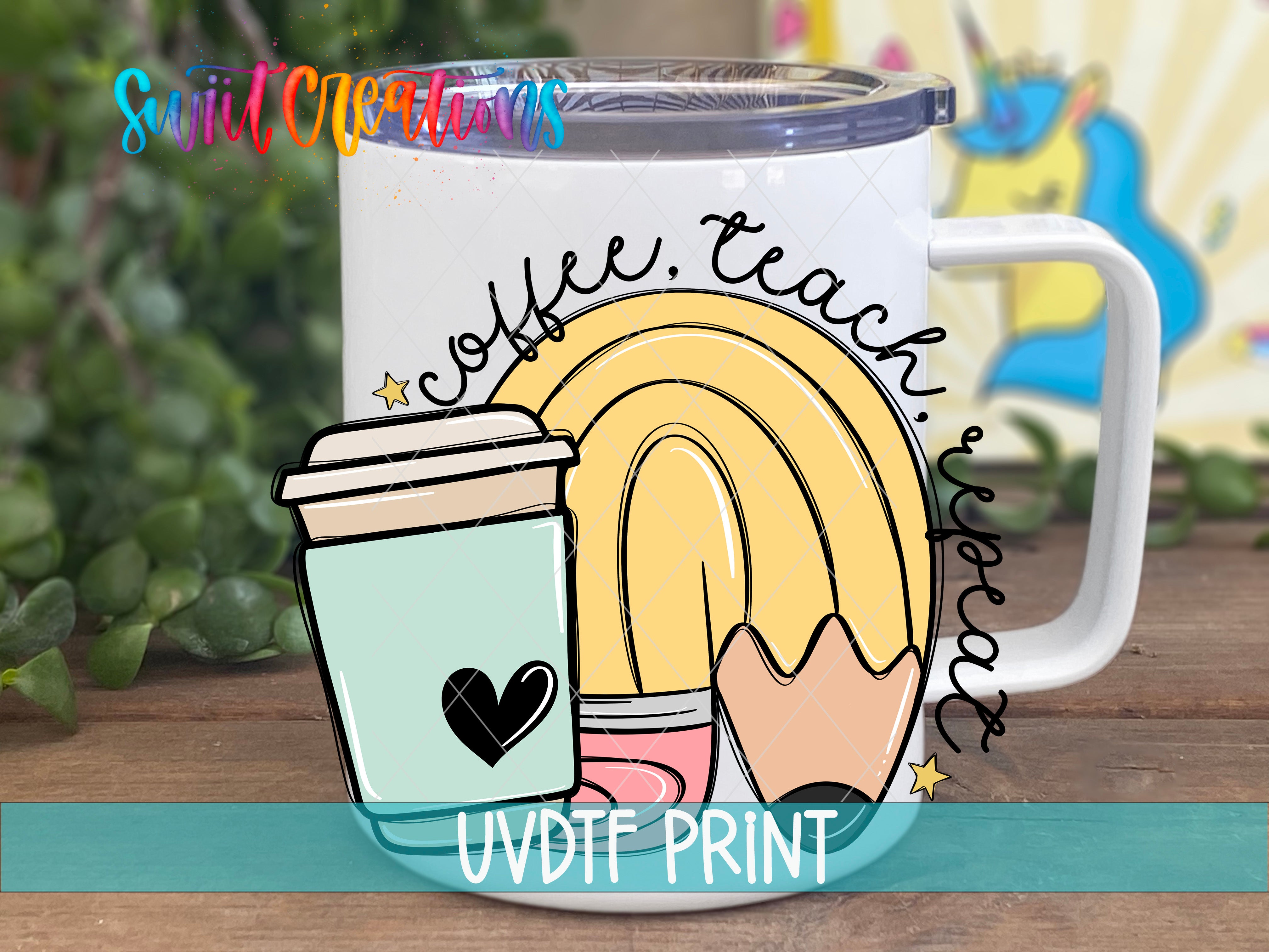 A white mug with a colorful illustration of a coffee cup, pencil, and rainbow on it, along with the text "coffee. teach. inspire."