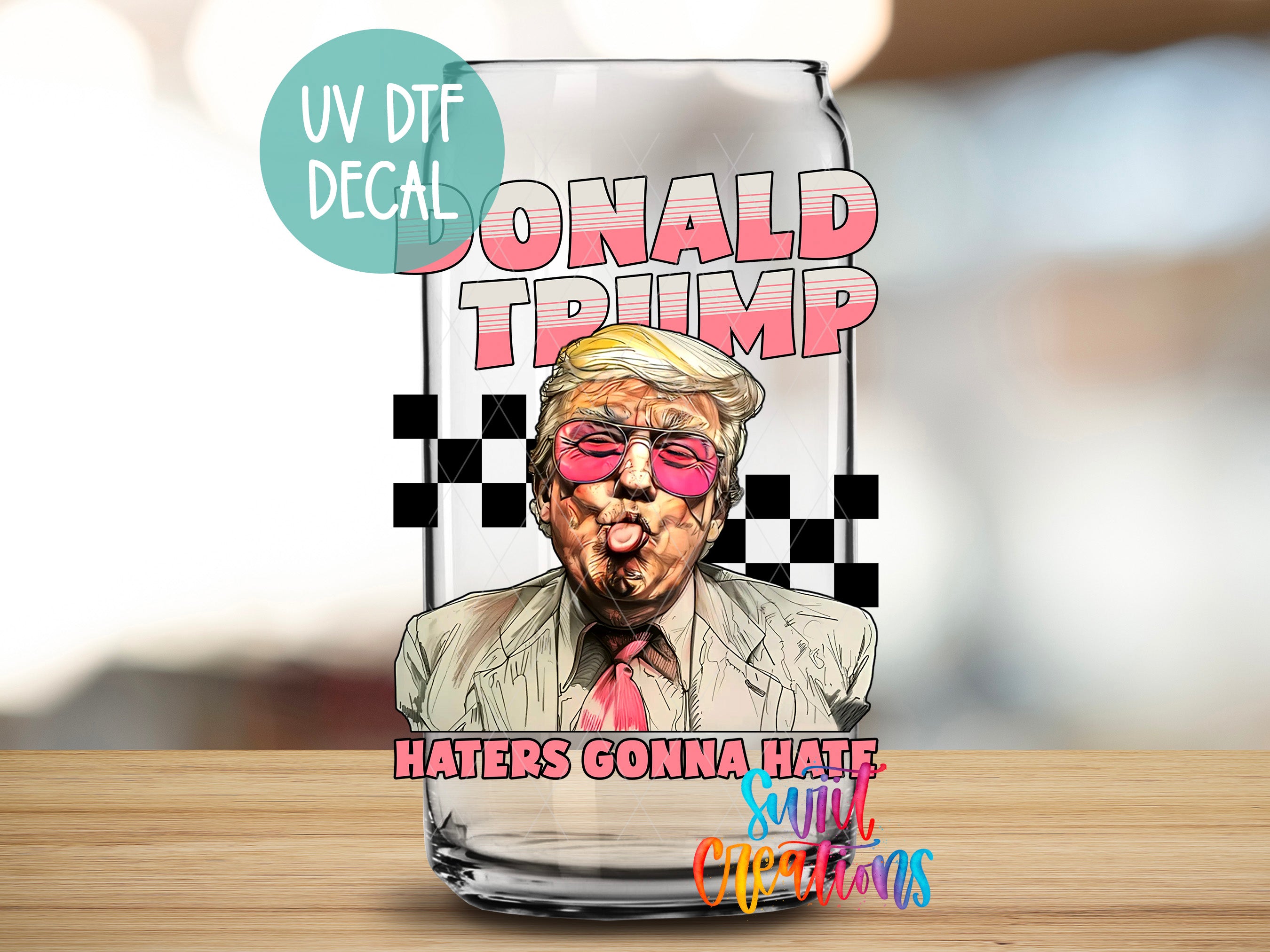 a glass with a picture of donald trump on it