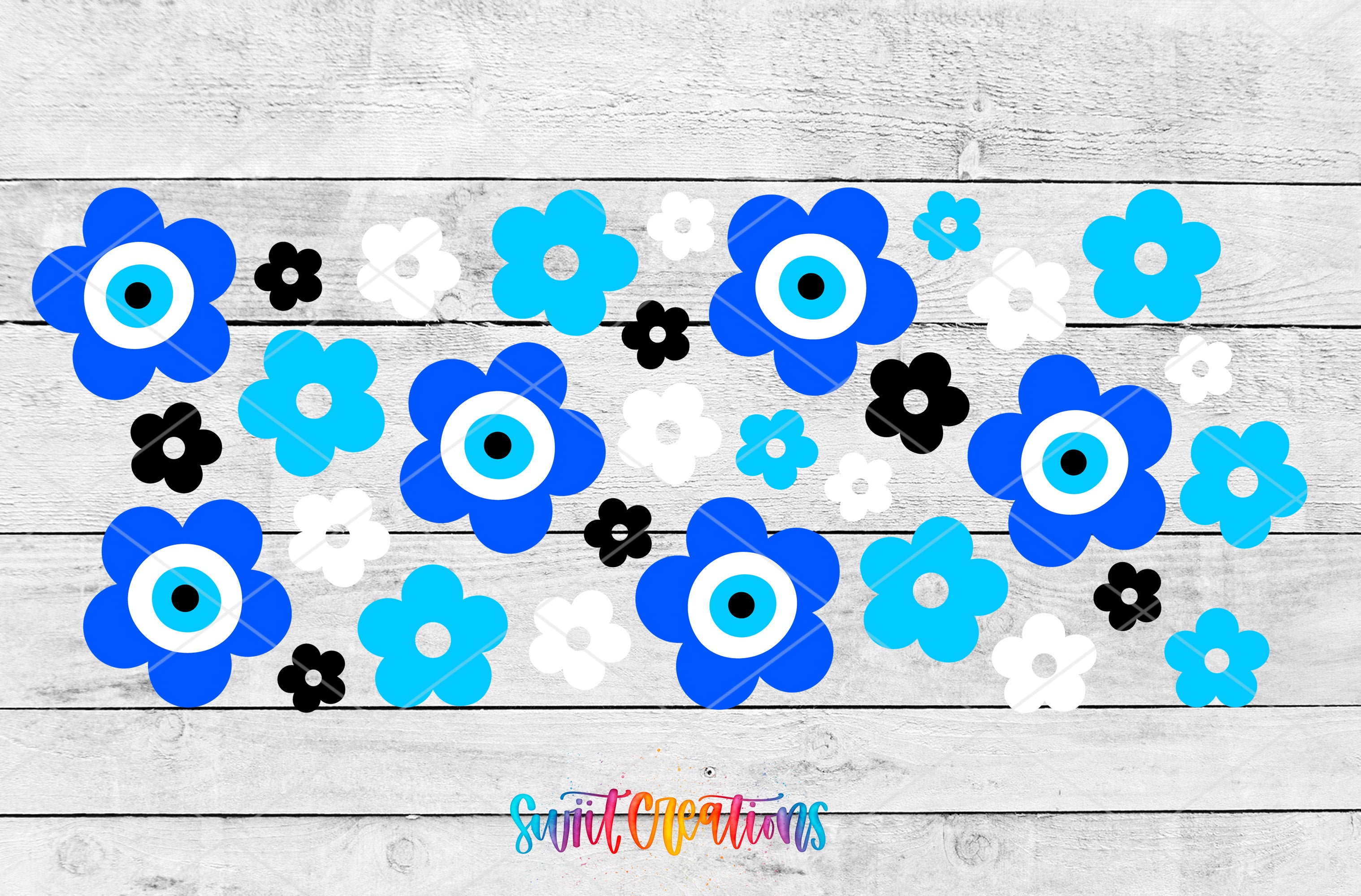 The image is a collage of various blue and white flower-like shapes, including both large and small ones, arranged on a wooden background.