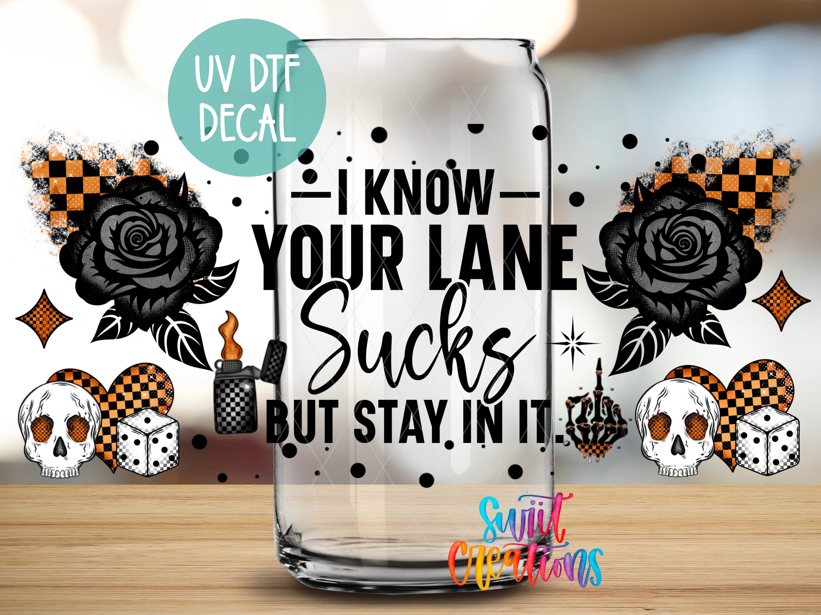 a glass with a sticker on it, surrounded by various graphic designs and text.