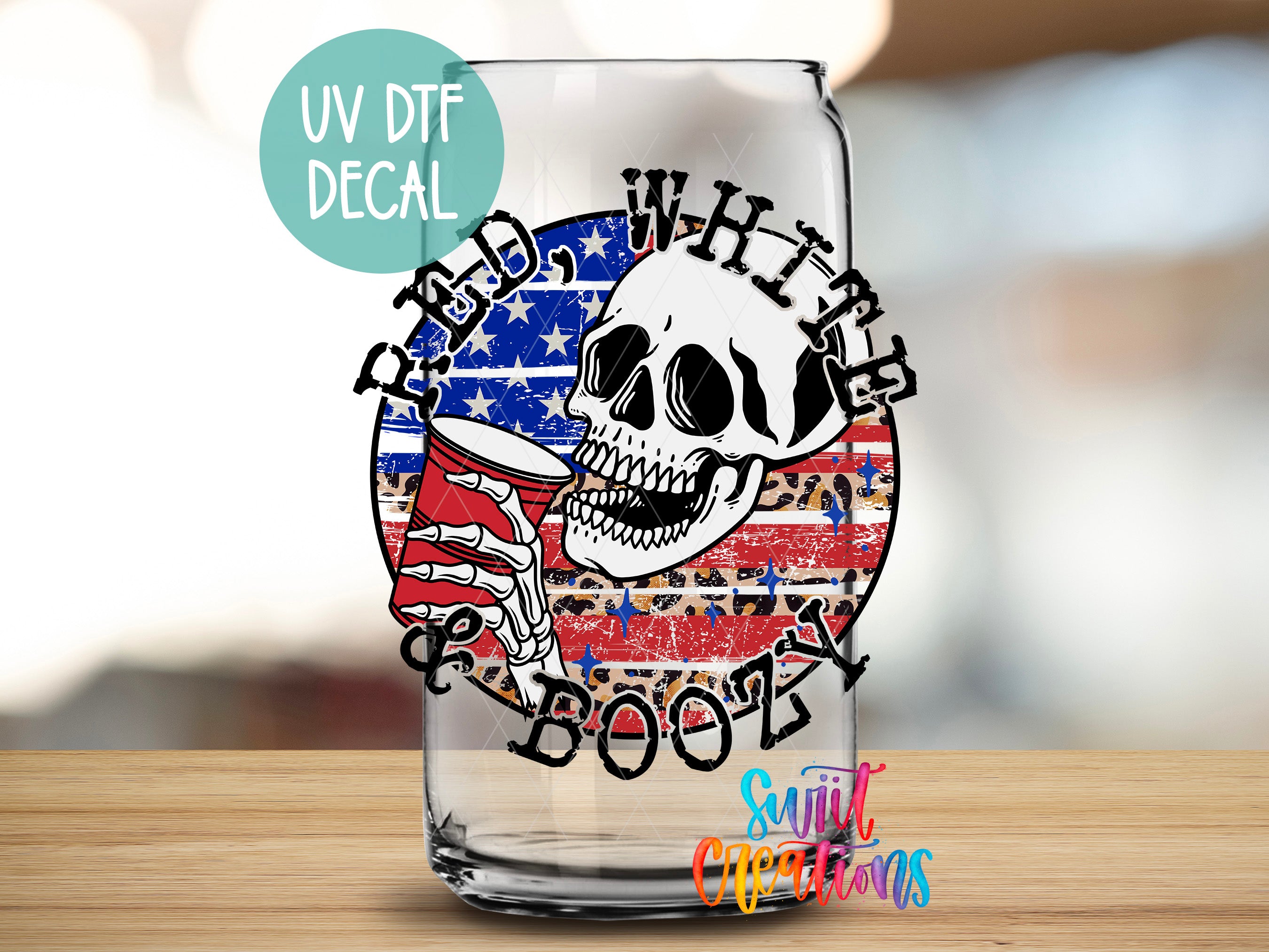 a glass with a skull and american flag on it
