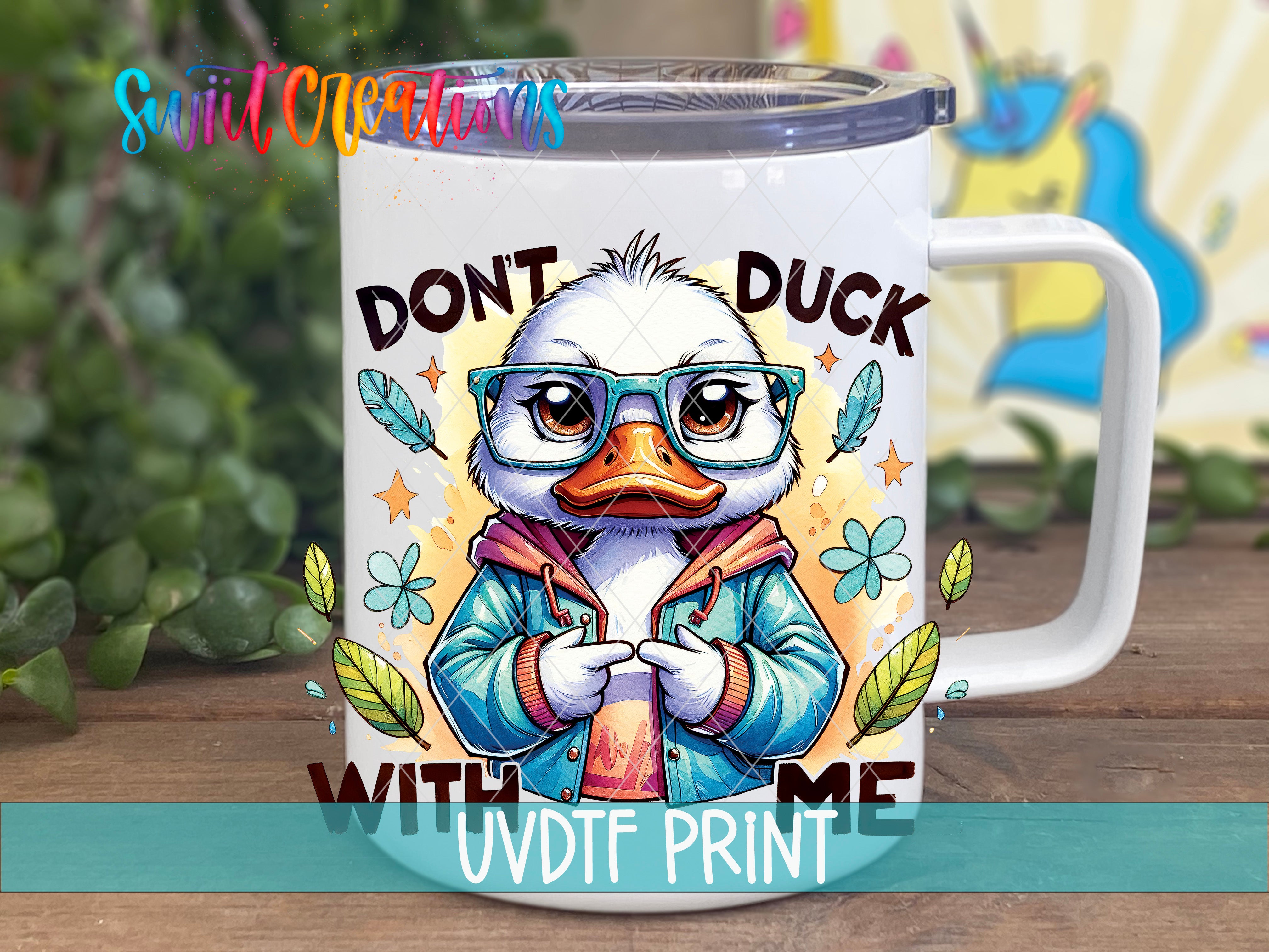 A mug with a cartoon duck wearing glasses and a jacket, surrounded by various decorative elements such as leaves and flowers.