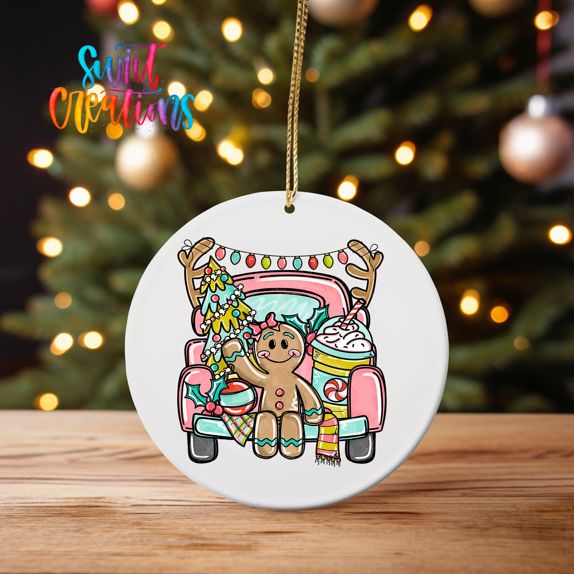 A white ornament featuring a gingerbread man sitting in a pink truck, surrounded by Christmas decorations and lights.