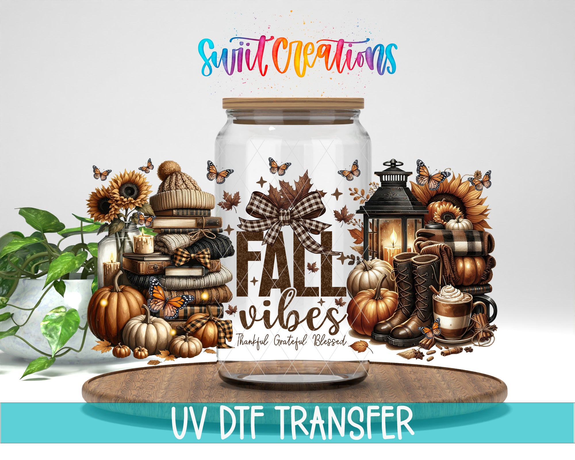 The image is a vibrant and colorful illustration featuring a glass jar surrounded by various fall-themed objects, such as pumpkins, lanterns, and a bow. The text "Fall Vibes" is prominently displayed on the jar, and the phrase "UV DFT Transfer" is written at the bottom of the image.