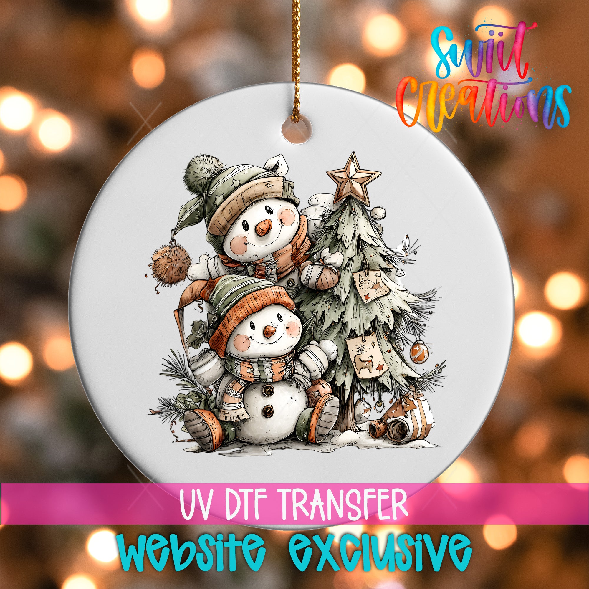 A white ornament with a snowman and a Christmas tree, along with a text overlay that reads "UV Dtf Transfer Website exclusive".