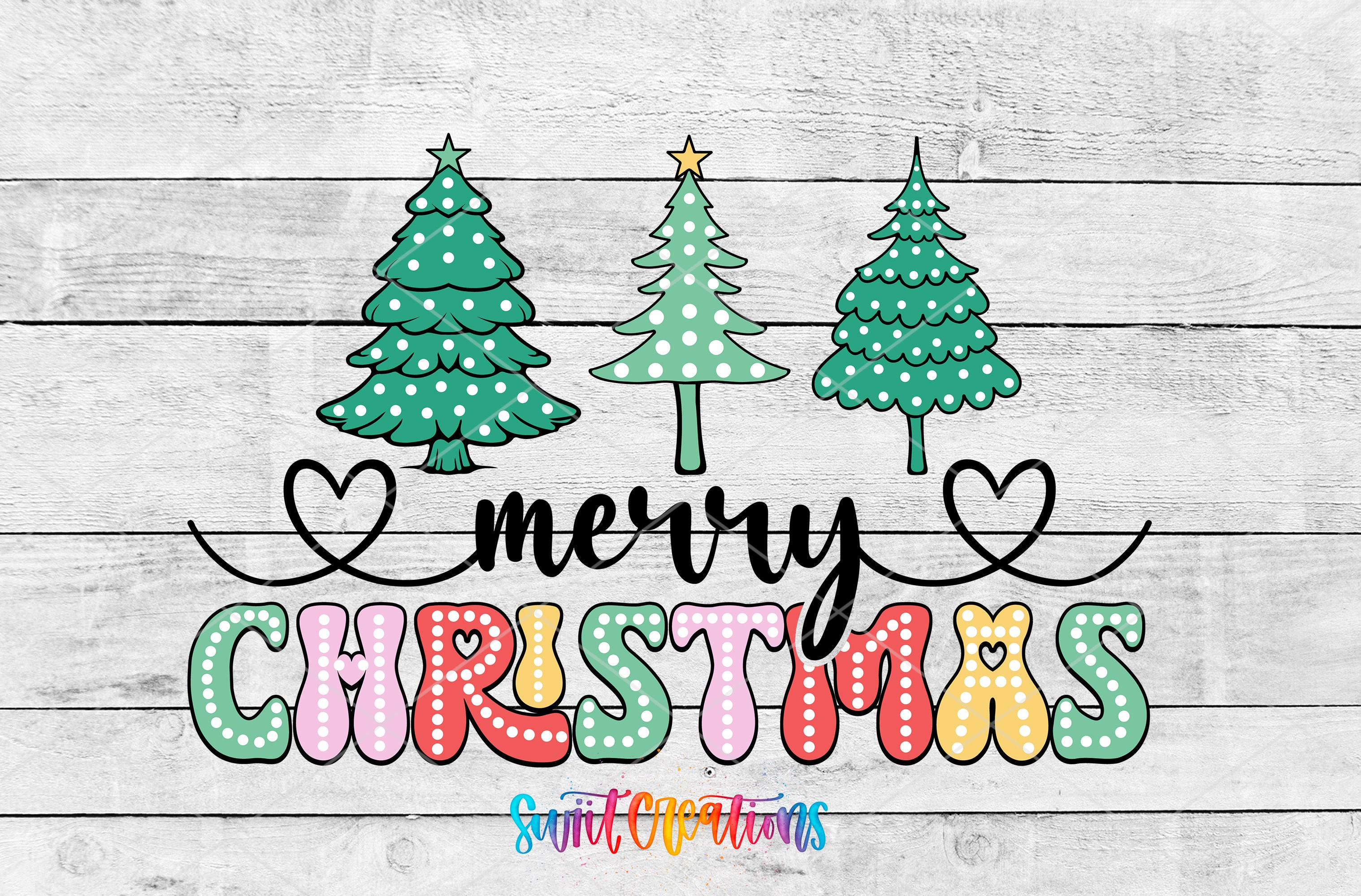 A festive Christmas-themed graphic with three stylized Christmas trees and the text "merry christmas" written in a colorful, hand-drawn font.