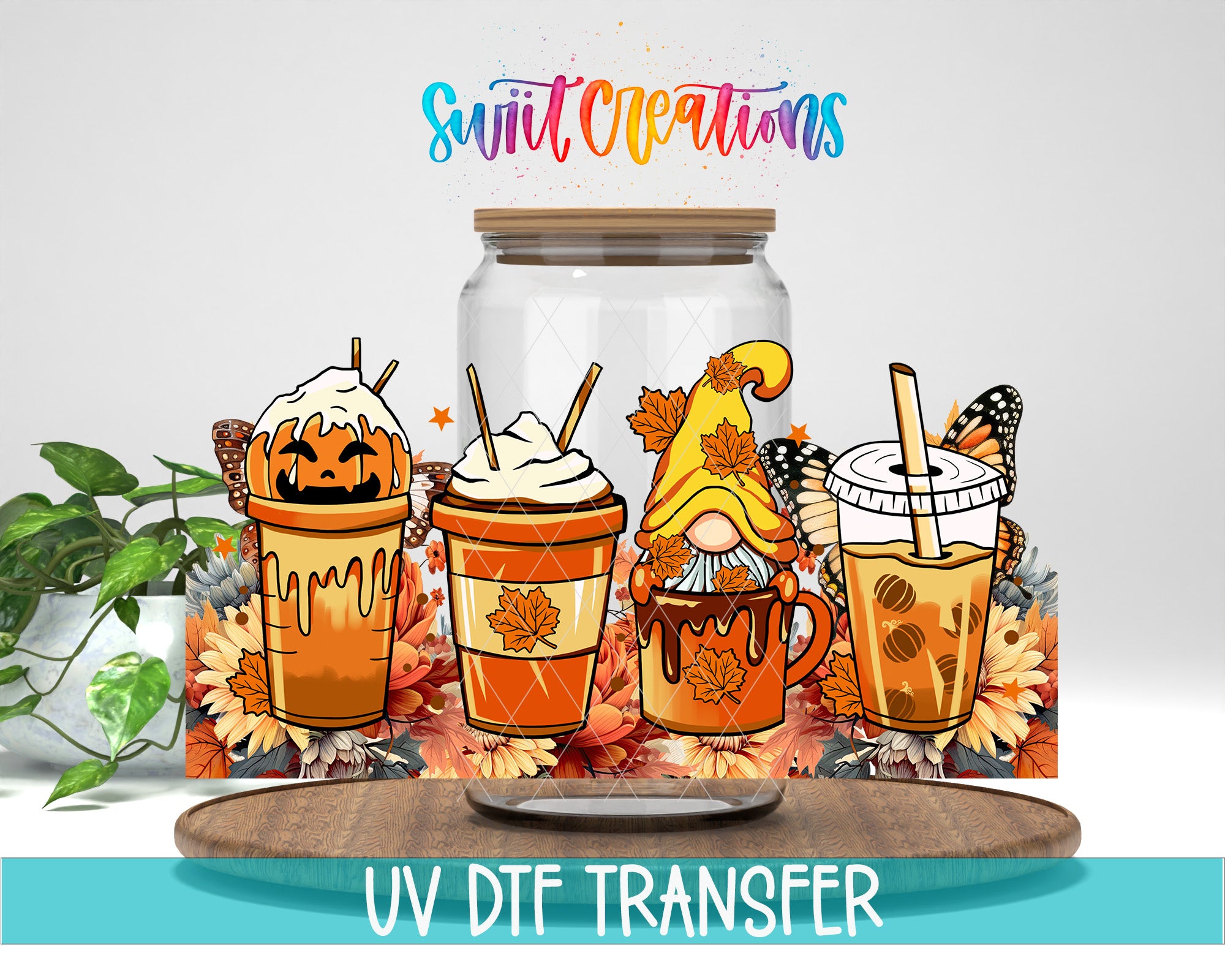 a collection of four illustrated beverages, including a pumpkin-flavored drink, a coffee drink, a hot chocolate drink, and a hot chocolate drink, all set against a backdrop of autumn leaves and flowers.