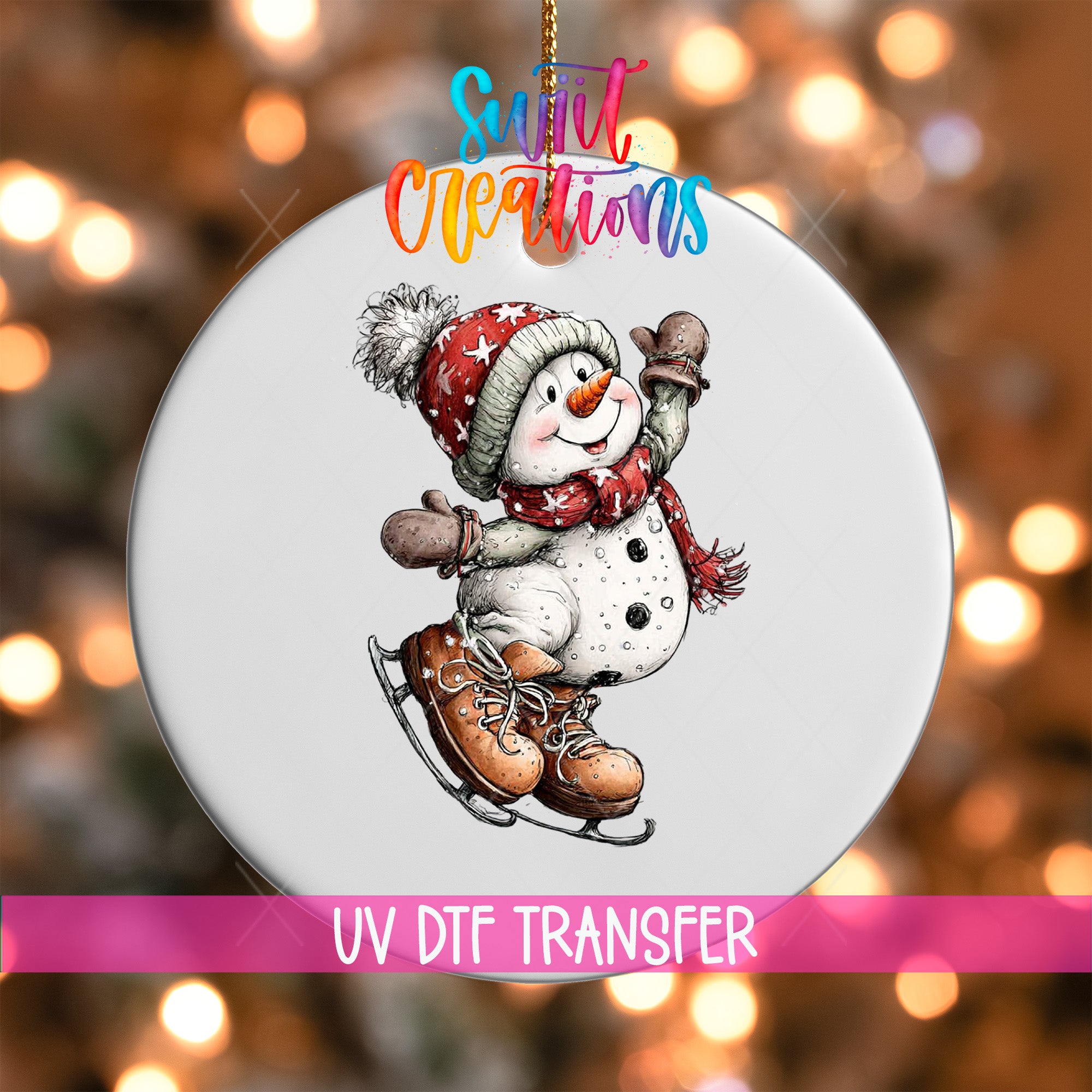 A snowman ornament with a skis and a scarf, set against a background of colorful lights.