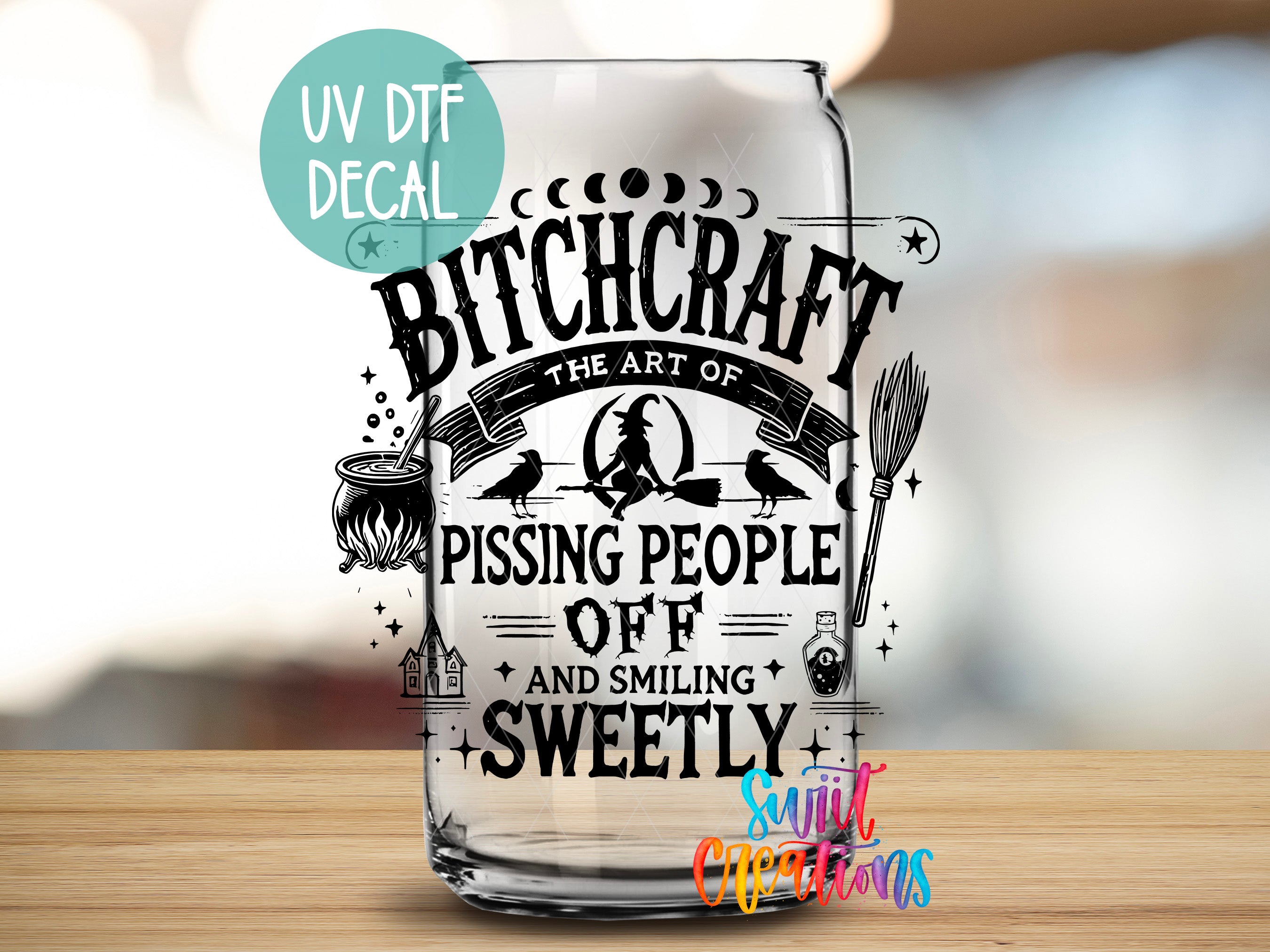 a glass jar with a black and white design that includes text and illustrations related to witchcraft and humor.