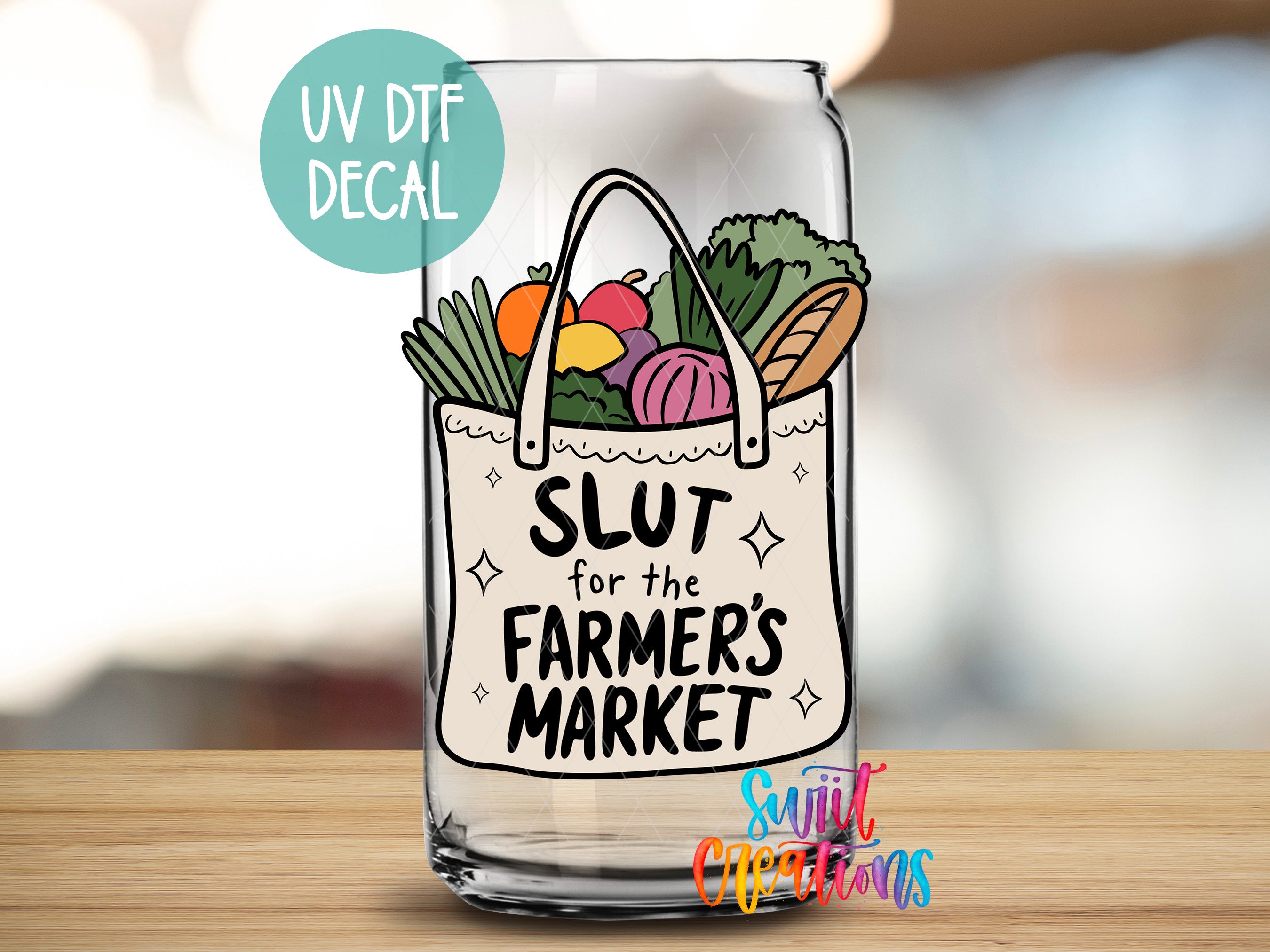 A glass jar with a cartoon illustration of a bag filled with various fruits and vegetables, along with the text "SLUT for the FARMERS MARKET" printed on it.