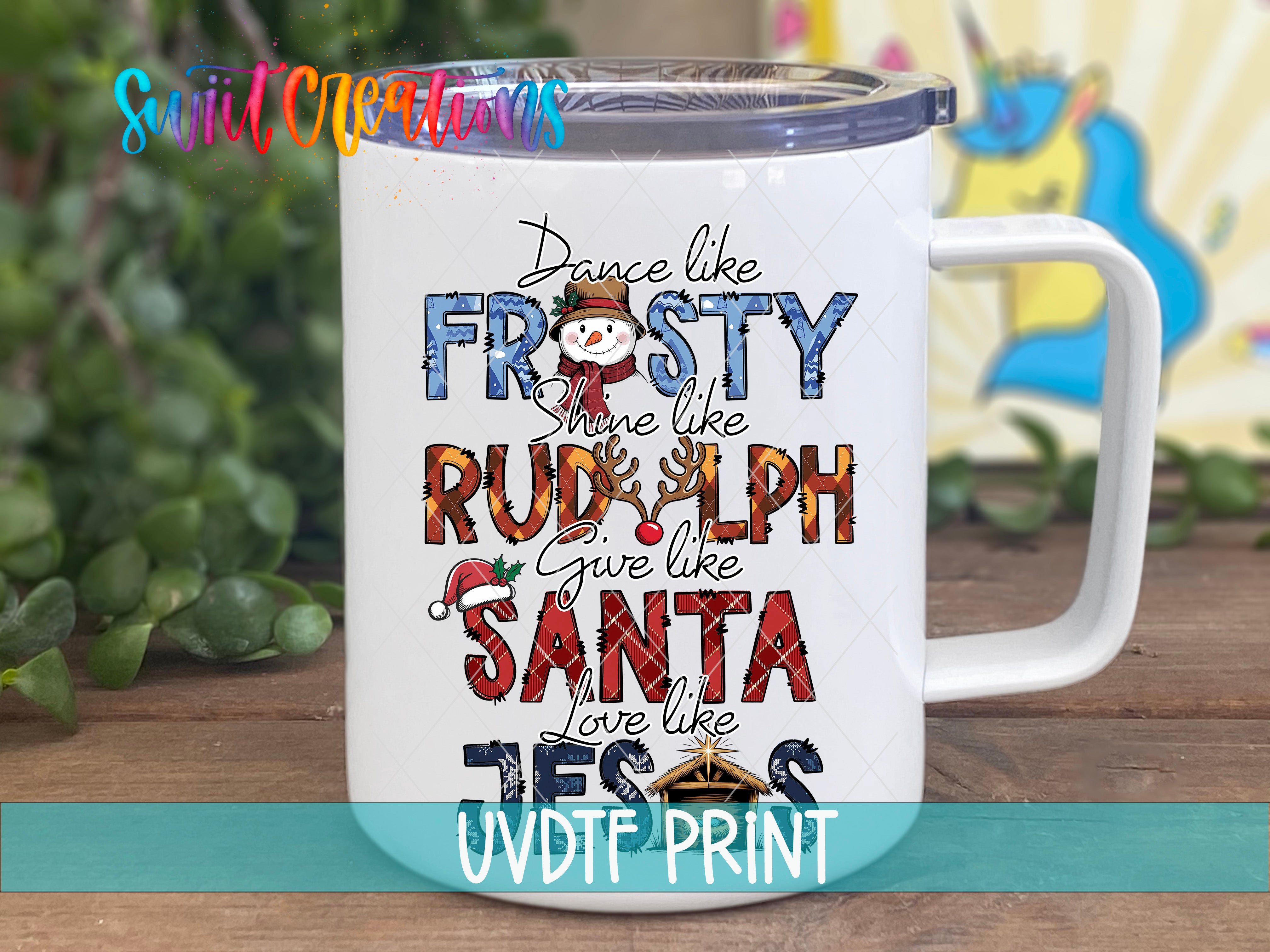 A white mug with a colorful design featuring text and illustrations related to Christmas and holiday themes.