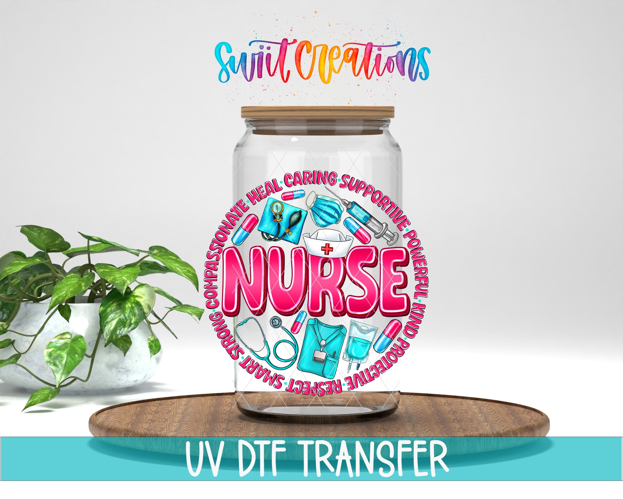 a glass jar with a colorful design and text, placed on a wooden surface.