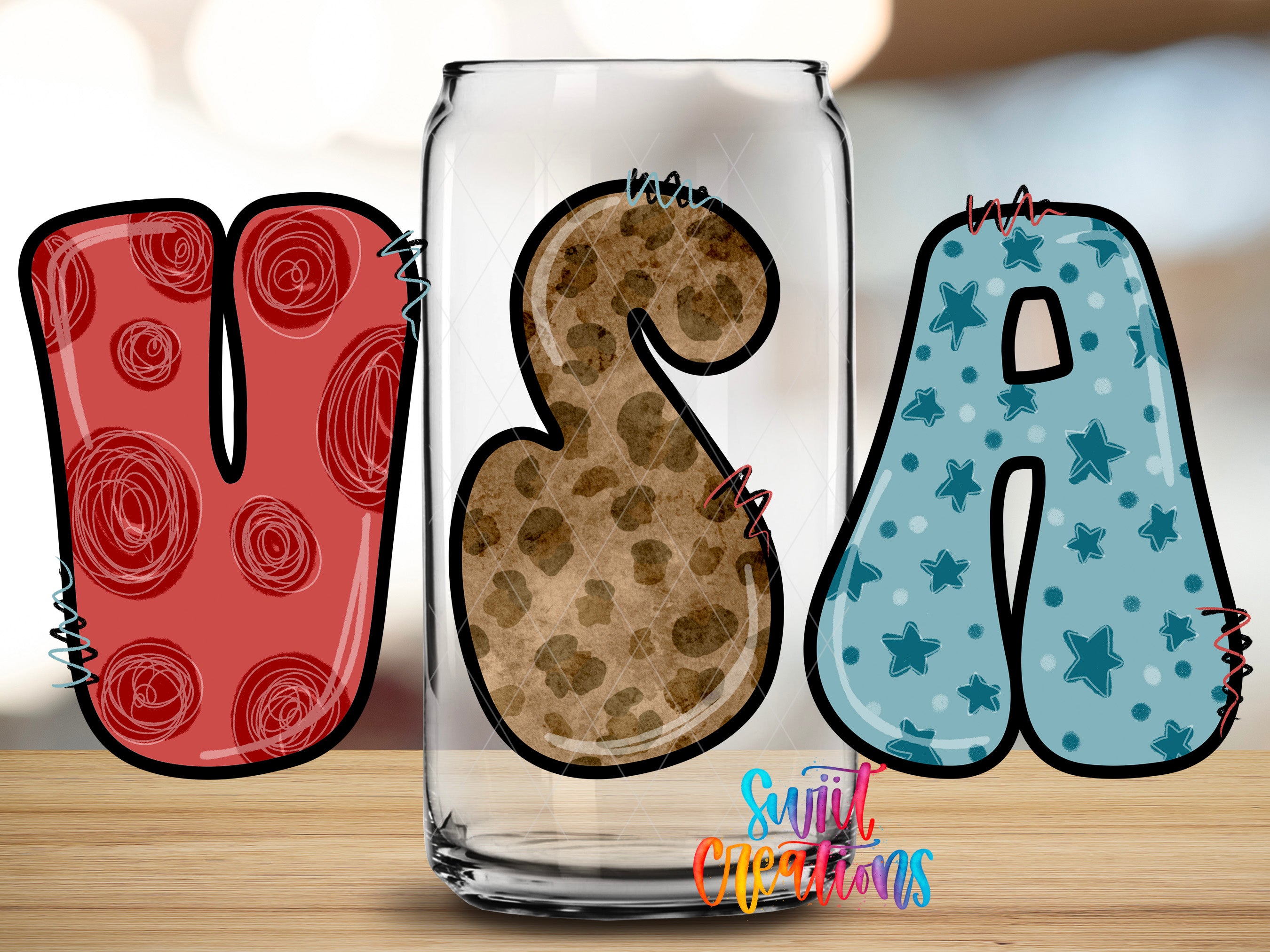a creative arrangement of letters and shapes, including a glass can with a patterned design, forming the word "USA".
