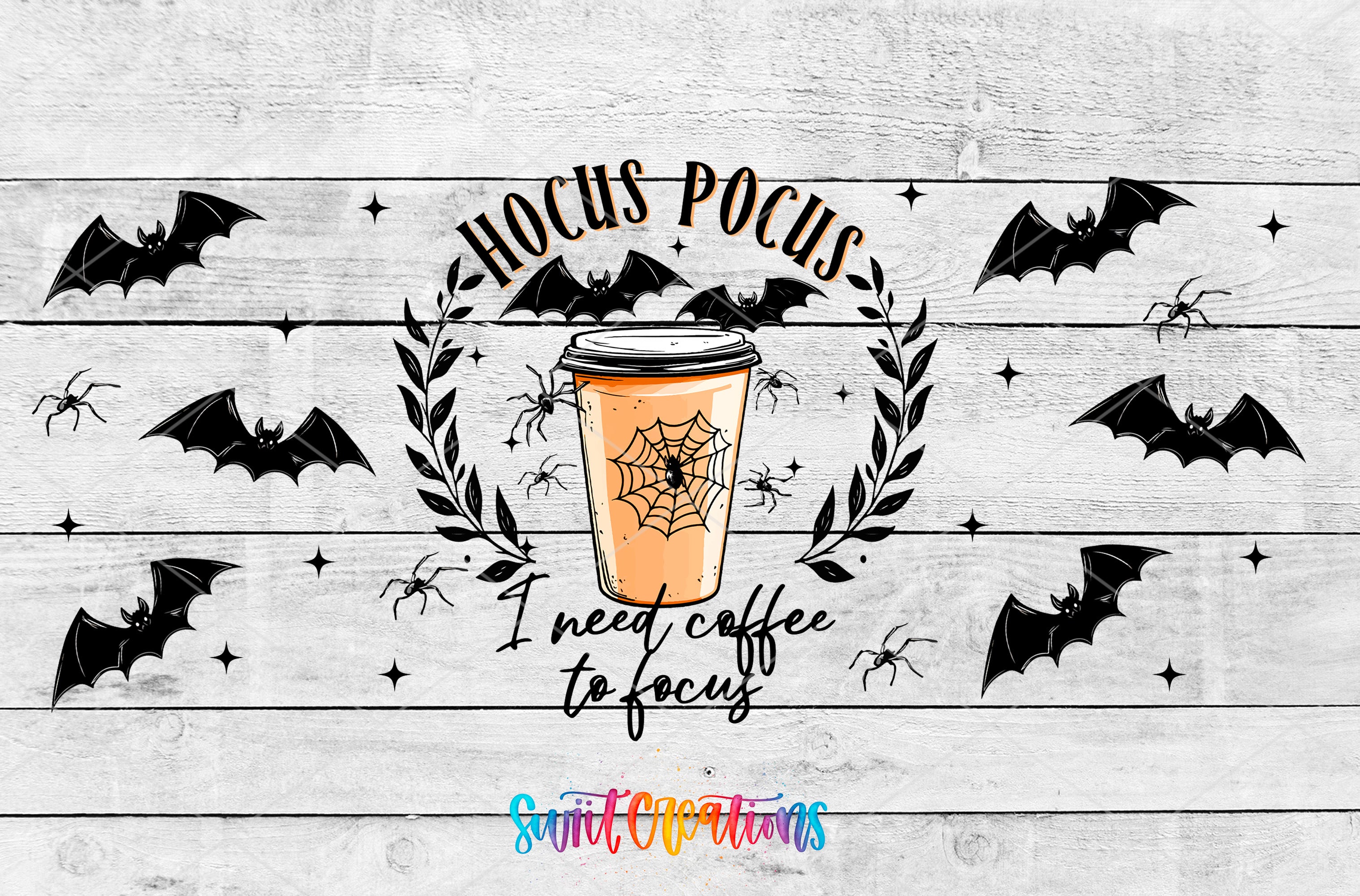 a coffee cup with a spider web design, surrounded by bats and stars, with the text "HOCUS POCUS I need coffee to focus" written around it.