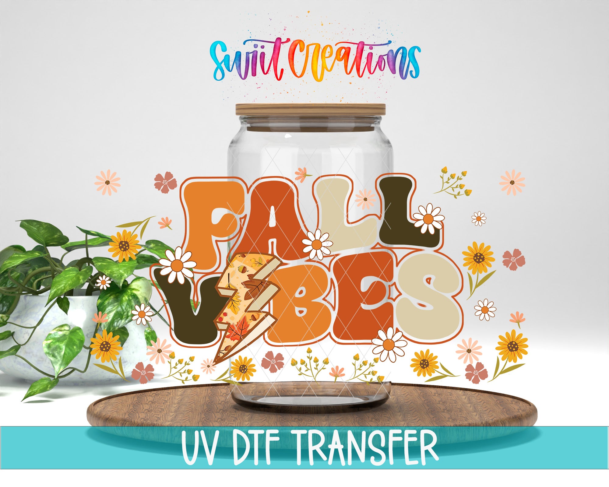The image is a colorful and vibrant graphic design featuring a glass jar with a lid, surrounded by flowers and the text "FALL VIBES" in a playful and artistic style.