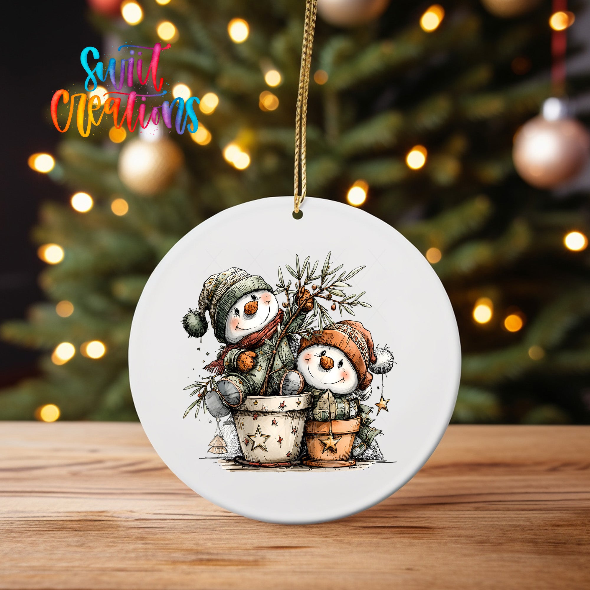 A white ceramic ornament featuring two snowmen sitting in a pot, surrounded by Christmas decorations, with a blurred background of a lit Christmas tree.
