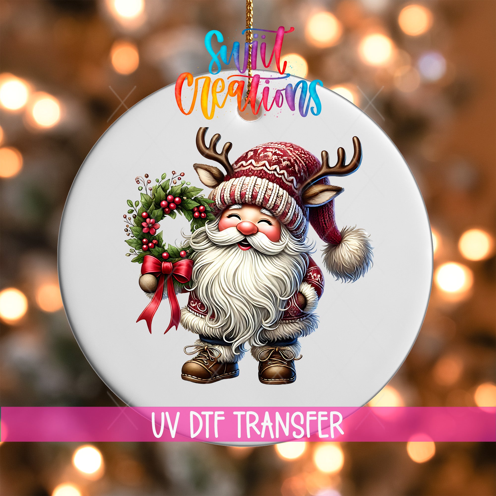 A white ornament with a Santa Claus figure holding a wreath and wearing a red and white hat with antlers.