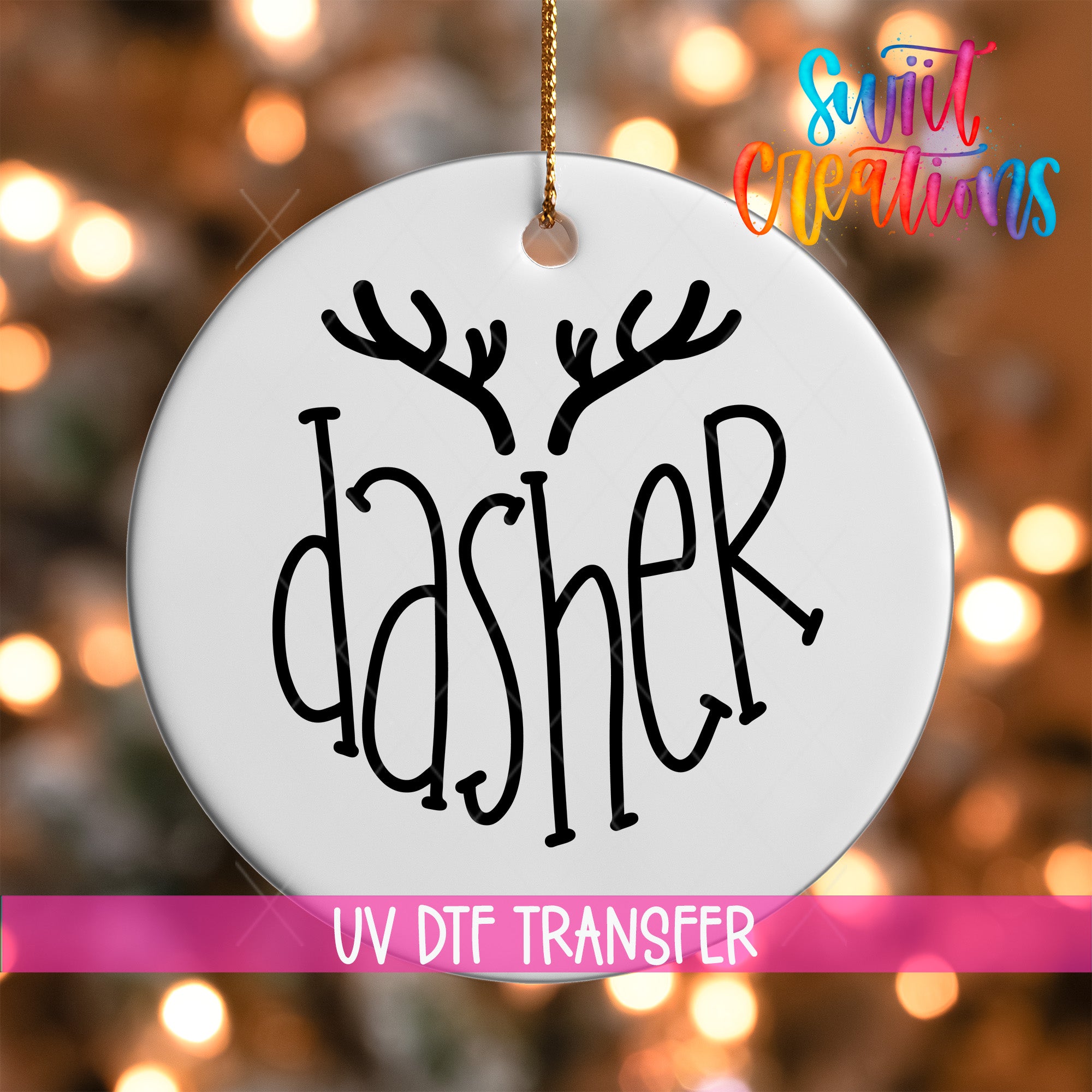 A white ornament with the word "dasher" written on it, hanging against a background of colorful lights.
