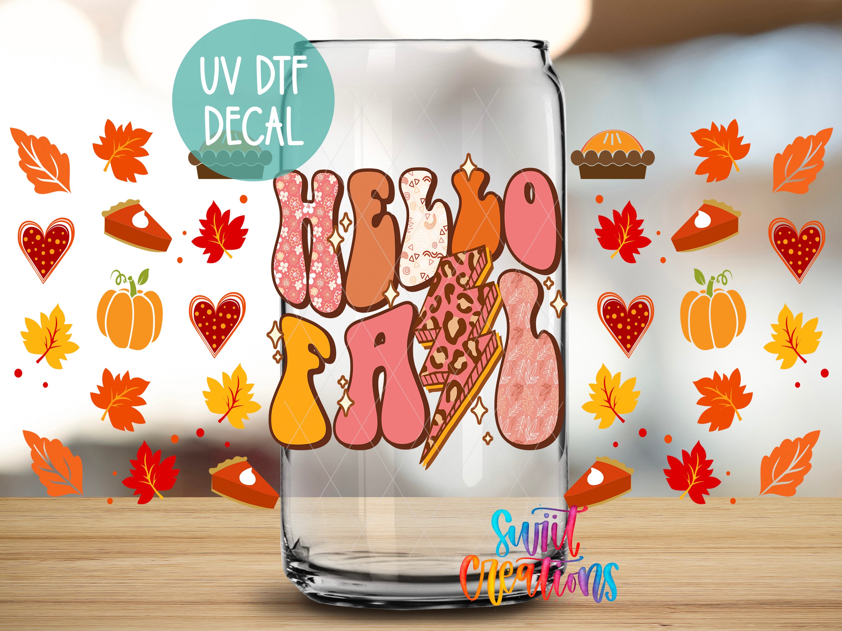 a glass jar with a colorful, autumn-themed decal on it, surrounded by various fall-themed illustrations such as leaves, pumpkins, and pies.