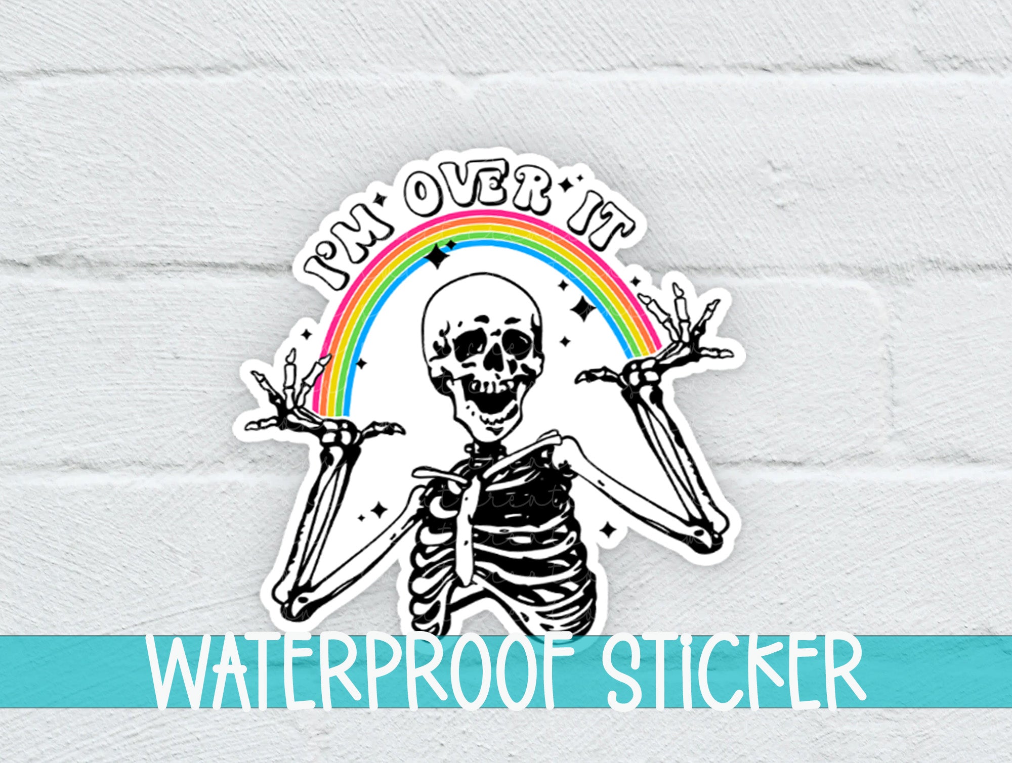a sticker of a skeleton holding two swords