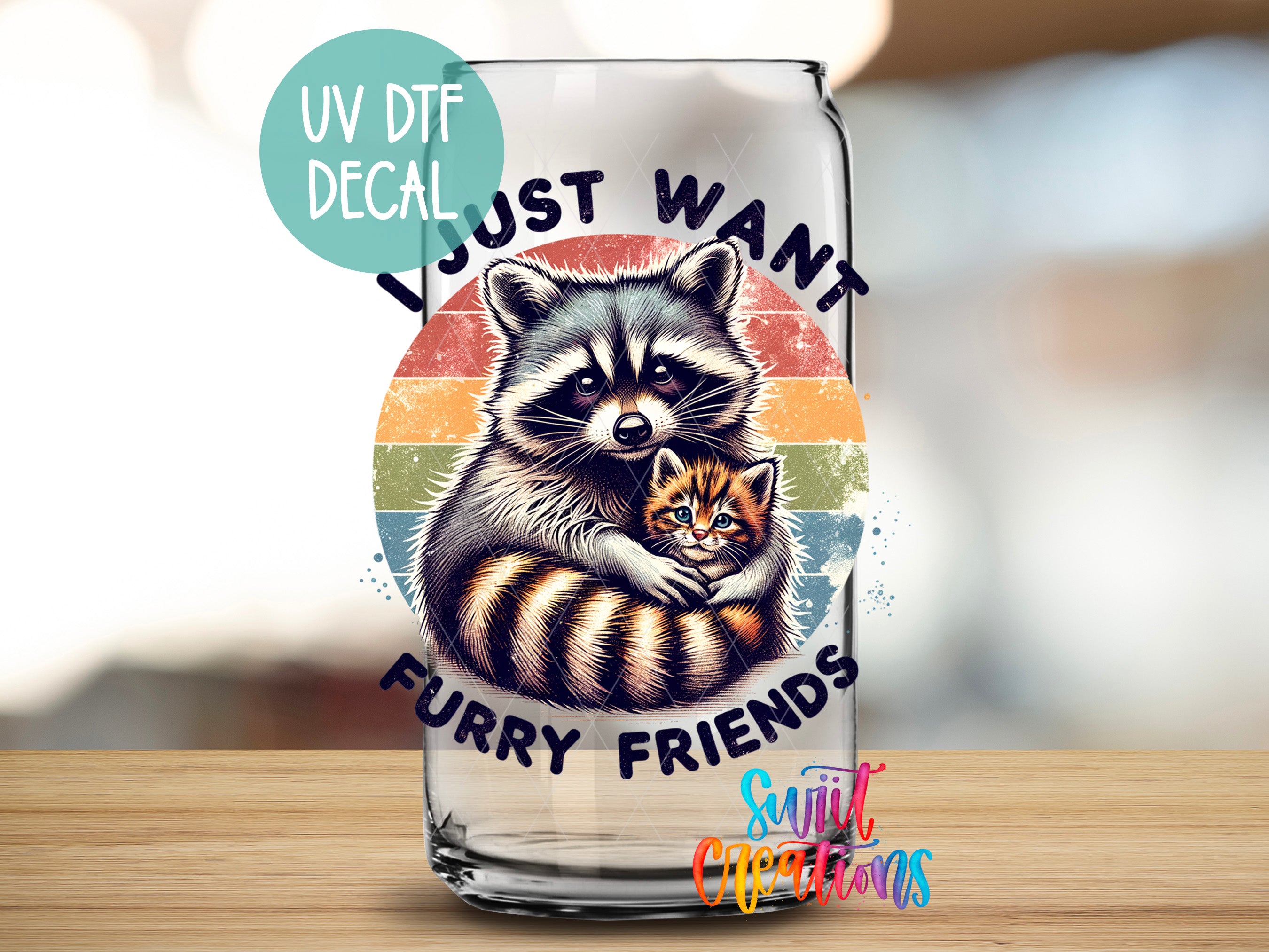 a glass with a raccoon and a cat on it