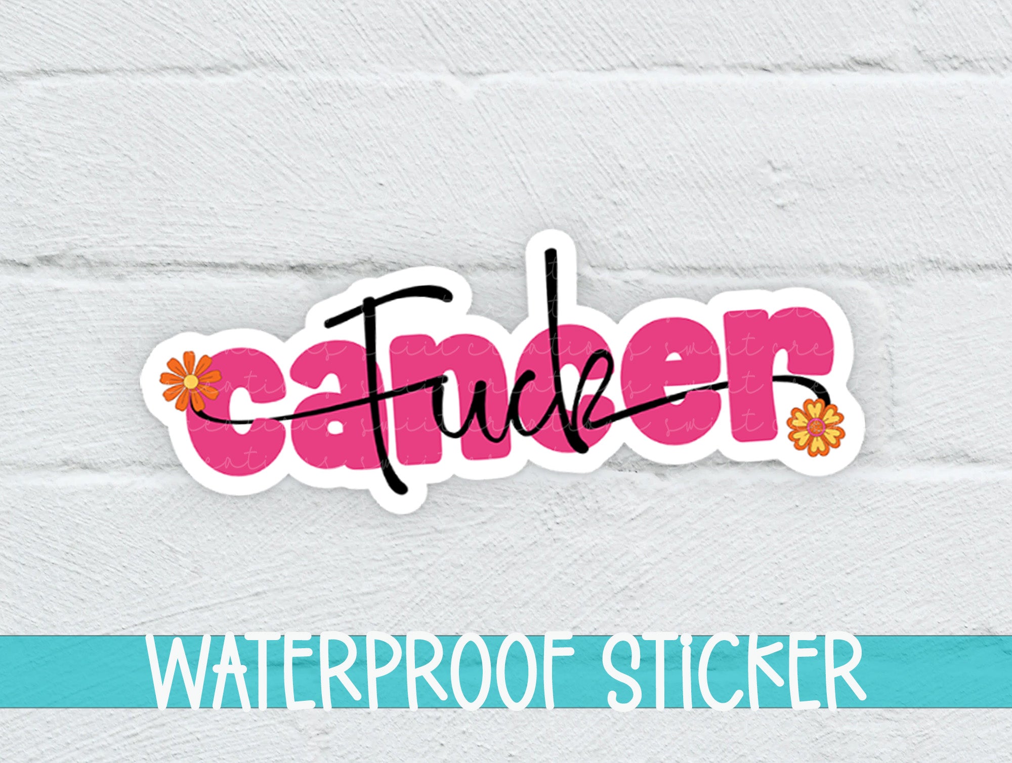 a white brick wall with a sticker that says, waterproof sticker