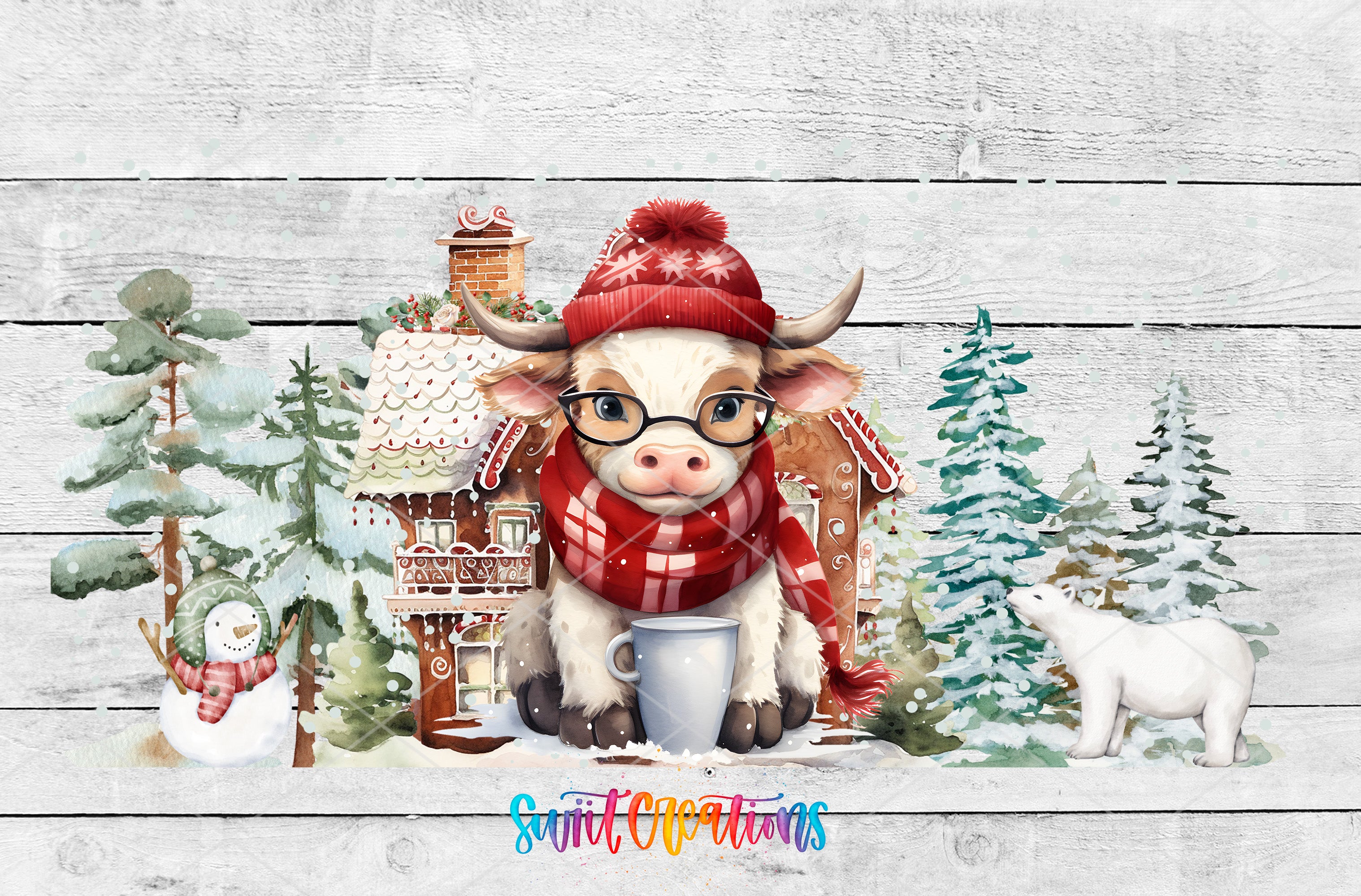 A cow wearing a red hat and scarf sits in front of a gingerbread house, with a snowman and a polar bear in the background, all set against a snowy landscape.