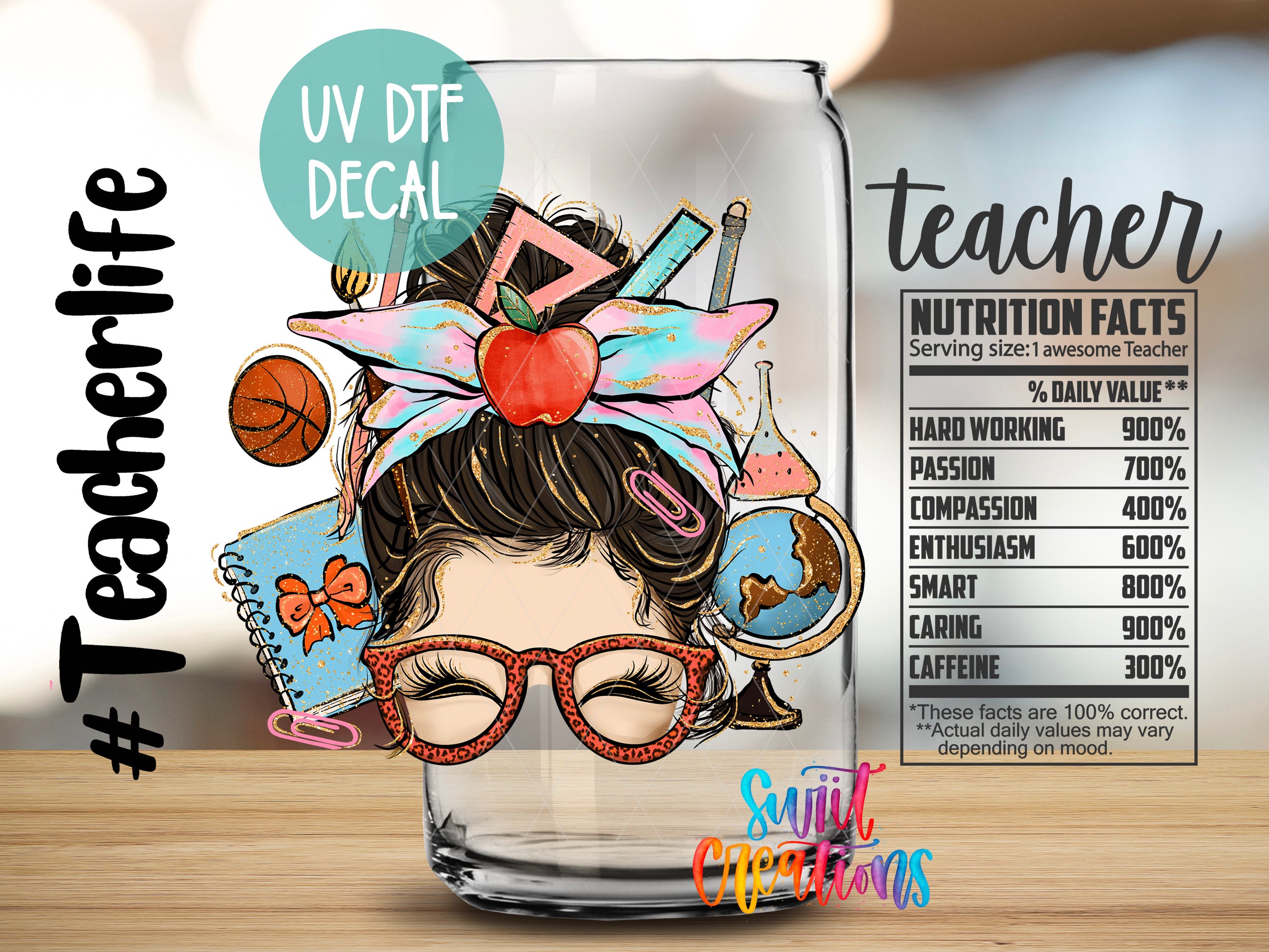 The image is a promotional graphic for a teacher-themed decal, featuring a woman's face with glasses and a ponytail, surrounded by various school supplies and a basketball.