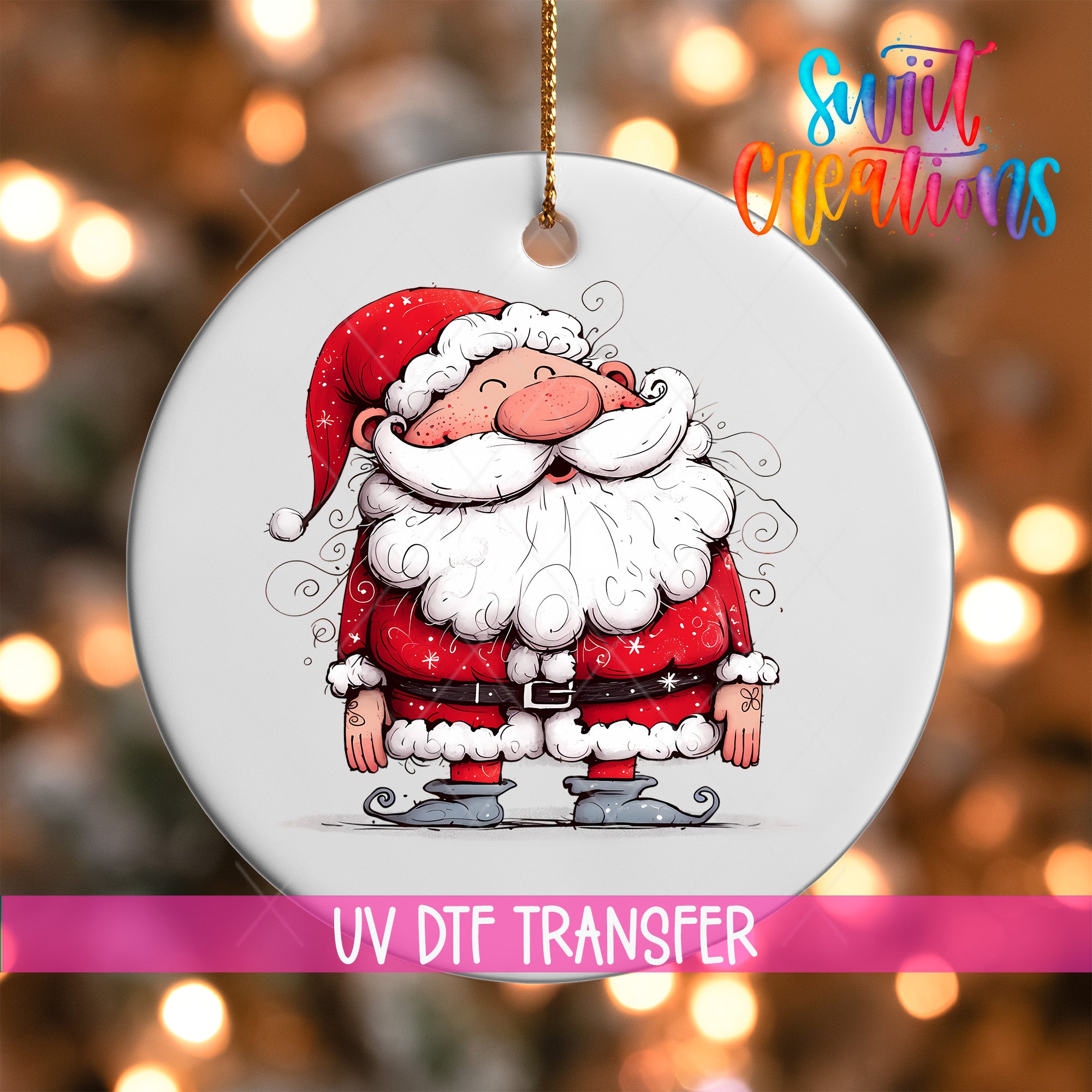 A white ornament featuring a cartoon illustration of Santa Claus with a red suit, white beard, and curly hair.