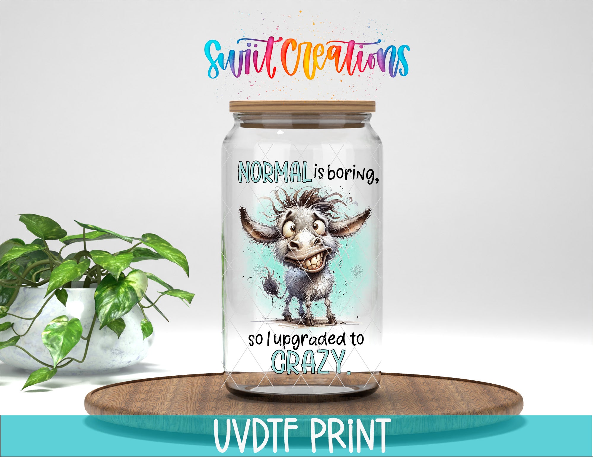 A jar with a cartoon image of a donkey and the text "NORMAL is boring, so I upgraded to CRAZY."