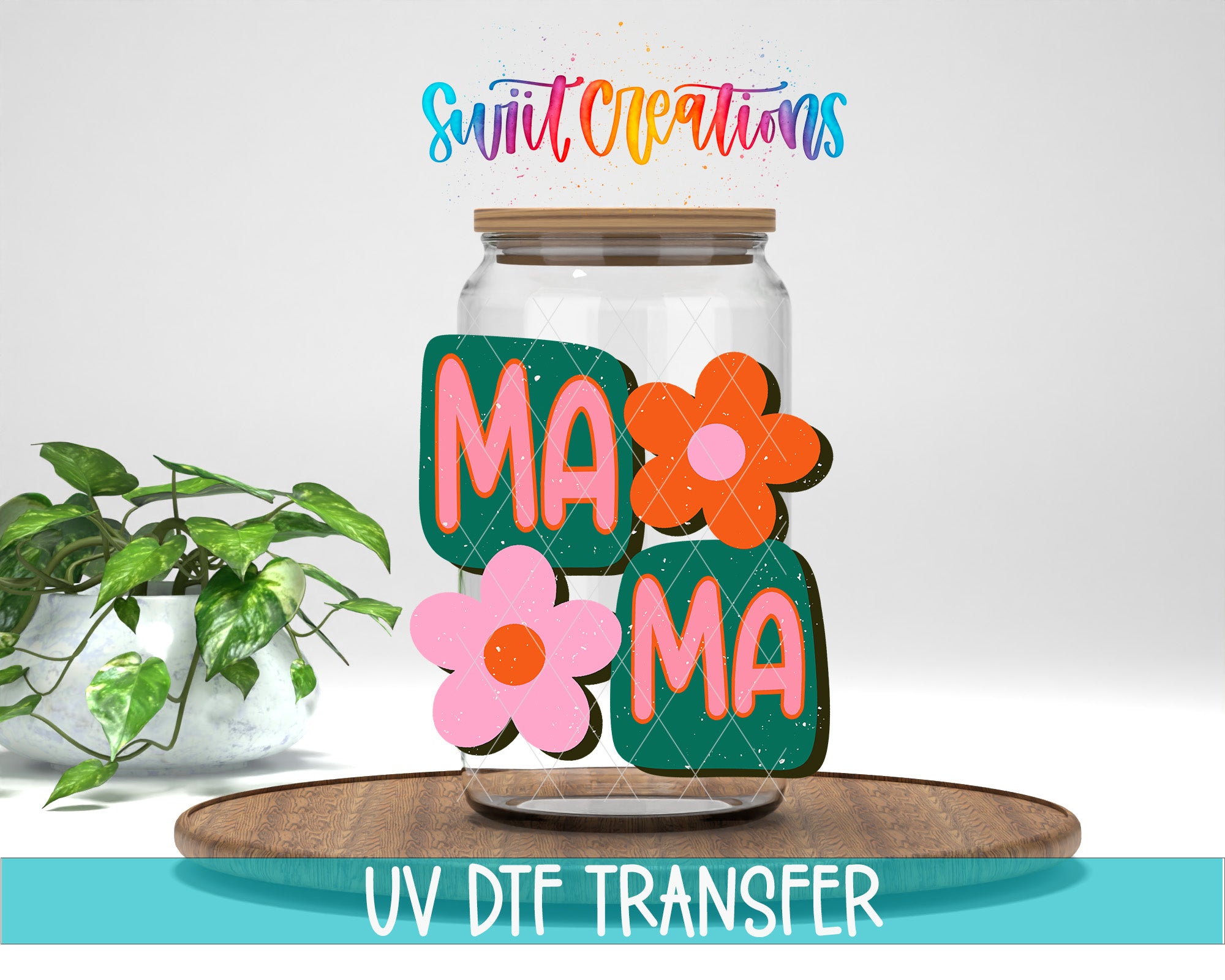a glass jar with the word "MA" written on it, surrounded by colorful flower-shaped stickers. The jar is placed on a wooden surface, and there is a potted plant in the background.