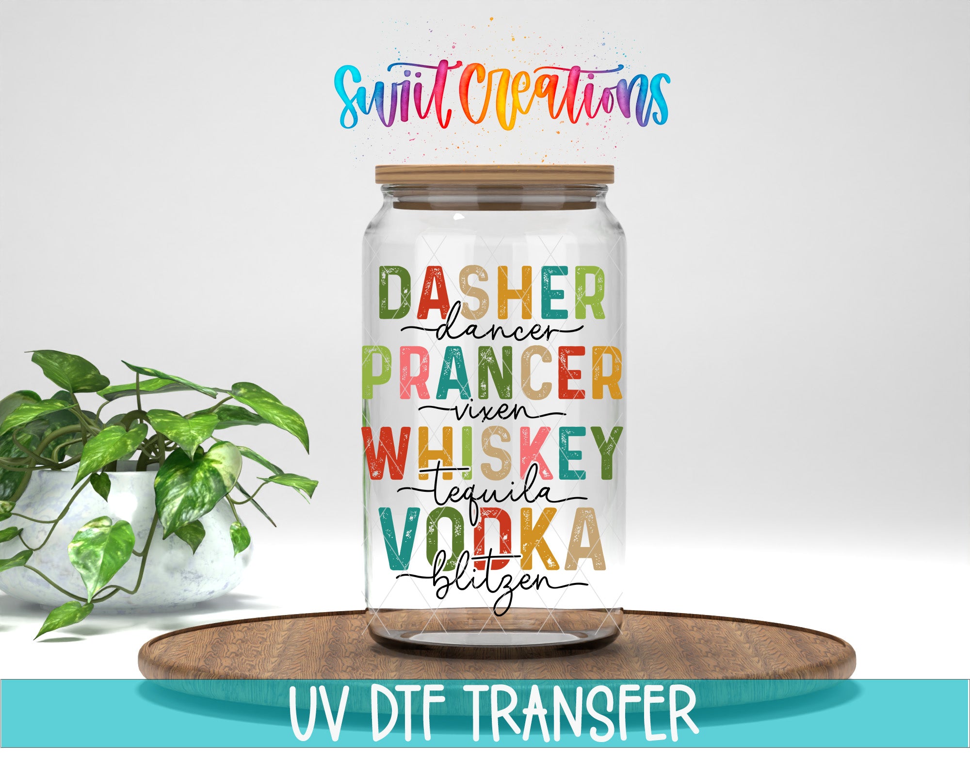 A glass jar with a wooden lid, filled with various colorful liquids such as vodka, tequila, whiskey, and gin, placed on a wooden tray. The jar has a label with text that says "DASER DANCER PRANKER WISKEY TEQUILA VODKA BLIZZEN". The background of the image is white, and there is a plant visible on the left side.
