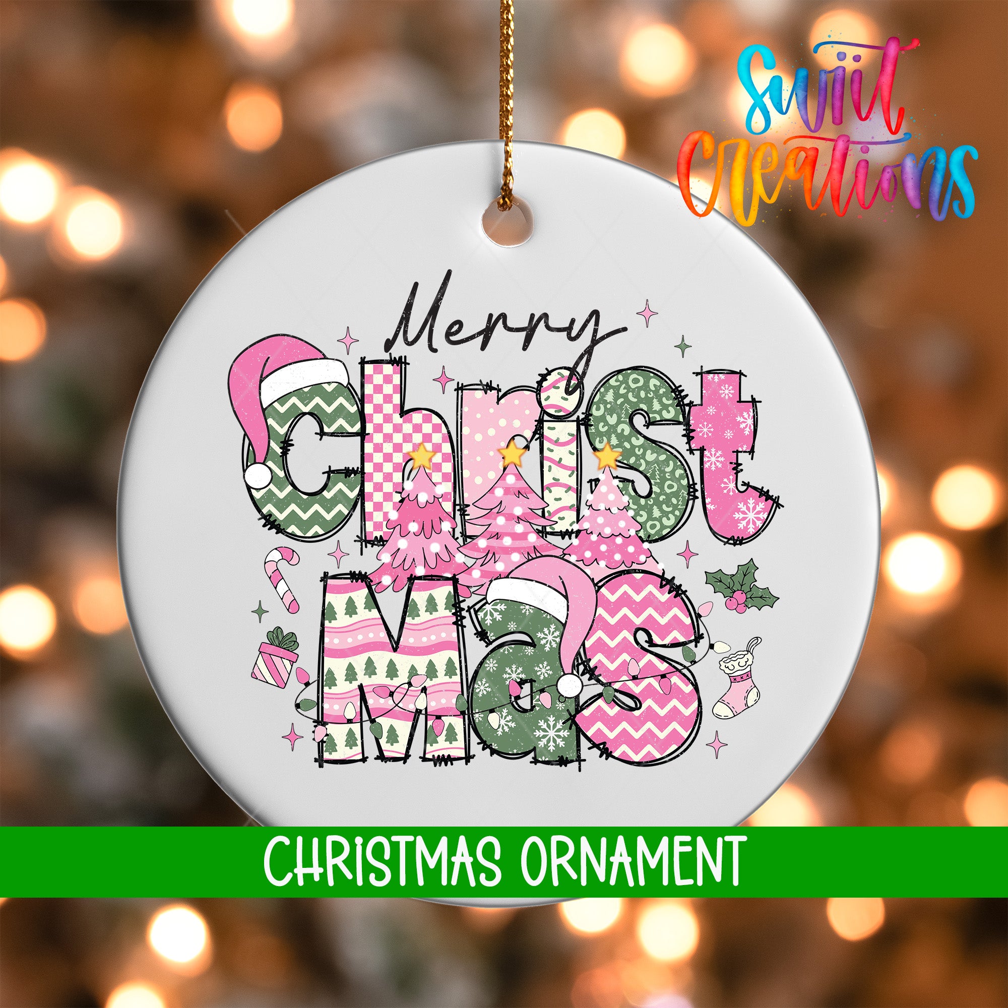 A white Christmas ornament with the text "Merry Christmas" and various Christmas-themed elements such as trees, stars, and snowflakes.