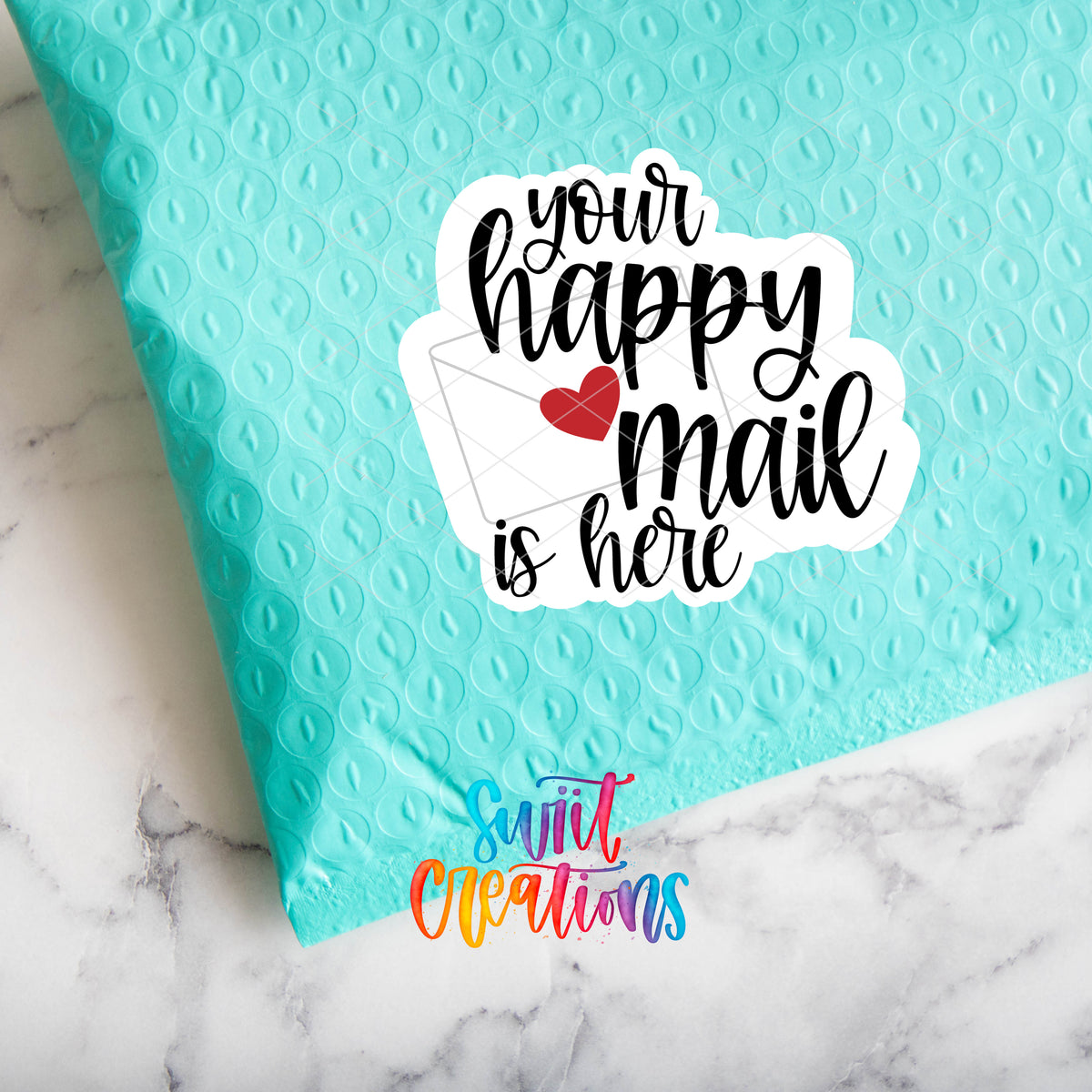 a blue envelope with the words your happy mail is here on it