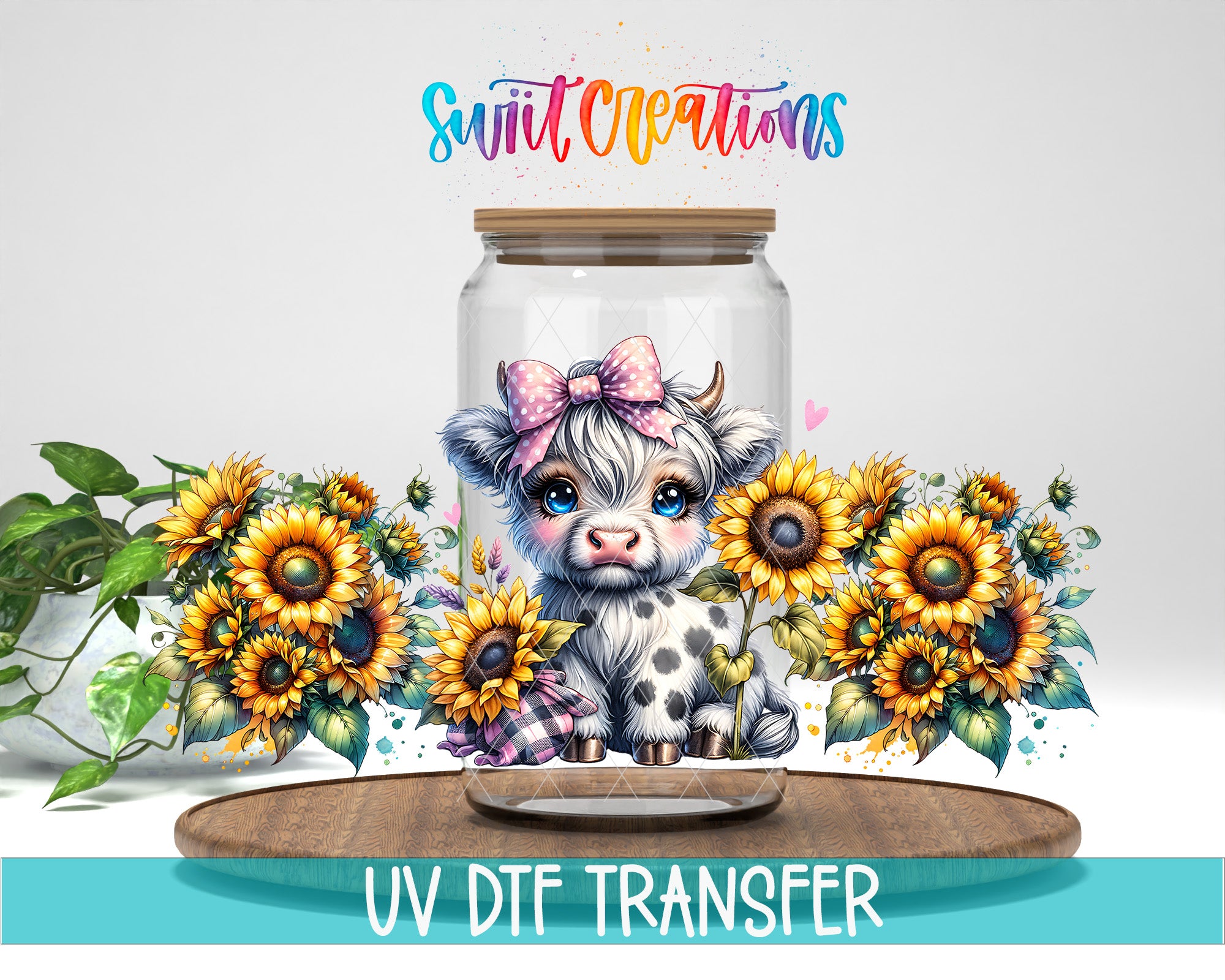 A glass jar containing a cartoon cow with a bow, surrounded by sunflowers, with the text "Swift Creations" and "UV DFT Transfer" below.
