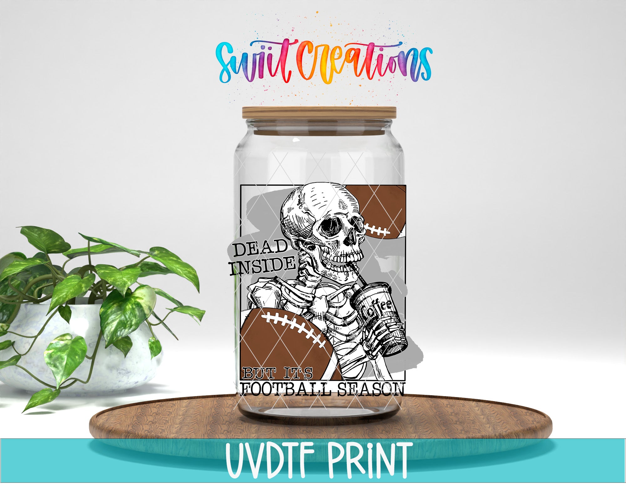 A glass jar with a label featuring a skeleton holding a football, accompanied by text that reads "Dead inside football season".