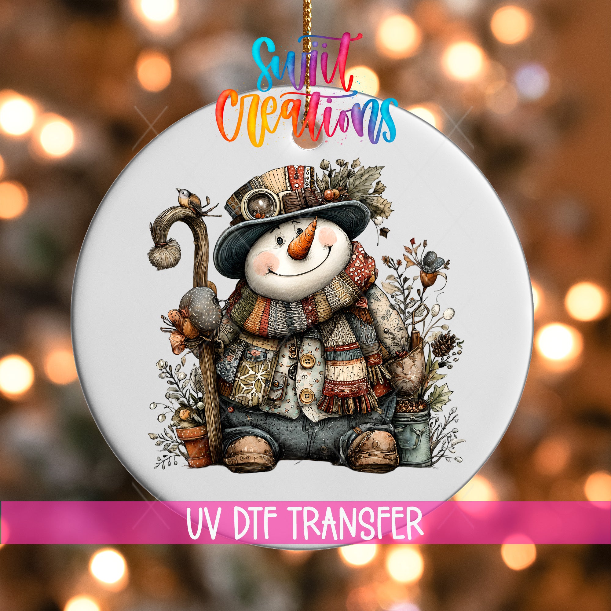 A snowman ornament with a hat, scarf, and other winter accessories, surrounded by plants and flowers, is hanging against a background of colorful lights.