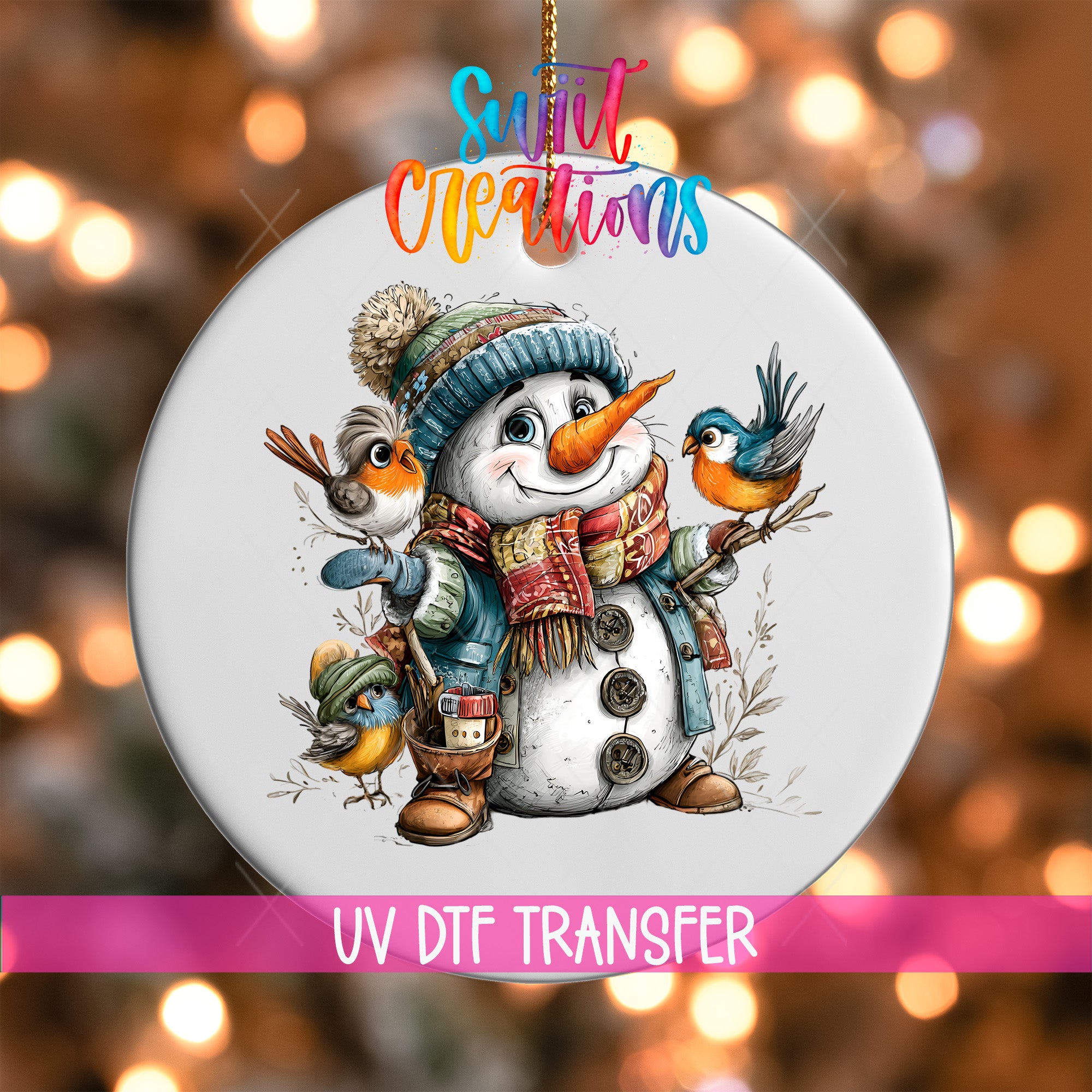 A snowman ornament with a bird perched on its shoulder, surrounded by other birds, against a background of colorful lights.