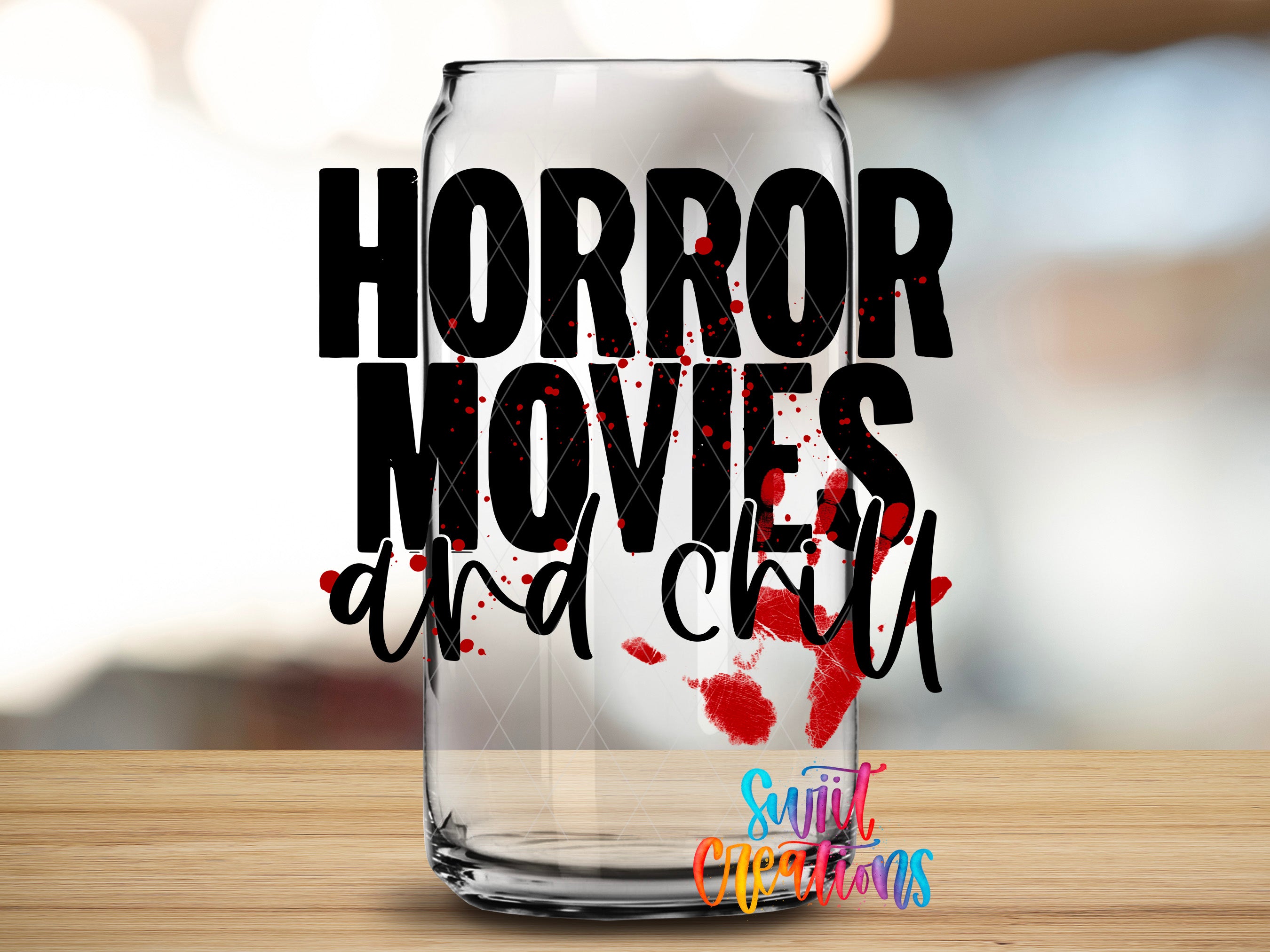 a glass can with the text "HORROR MOVIES and chill" written on it, along with a red splatter effect.