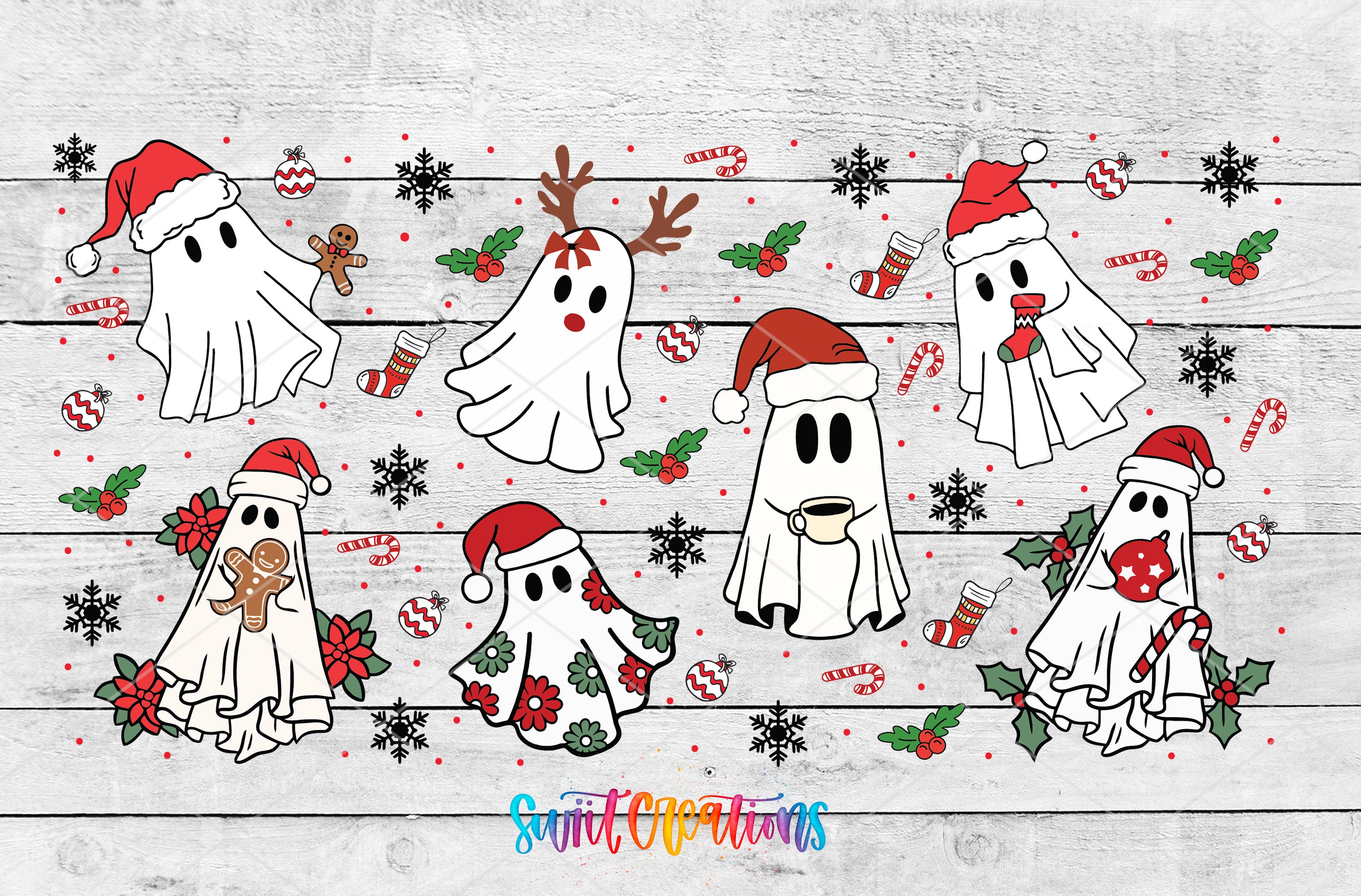 A festive collage of various ghost characters wearing Santa hats and surrounded by Christmas decorations such as snowflakes, candy canes, and holly leaves.