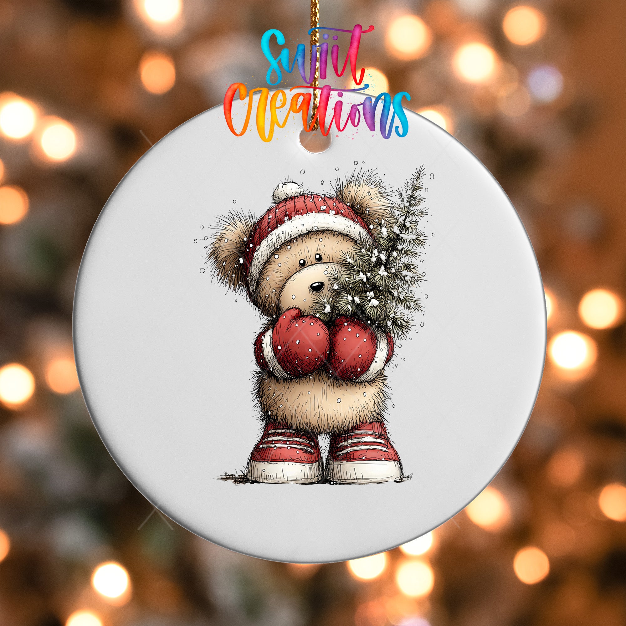 A white ornament with a teddy bear wearing a red hat and holding a small Christmas tree.