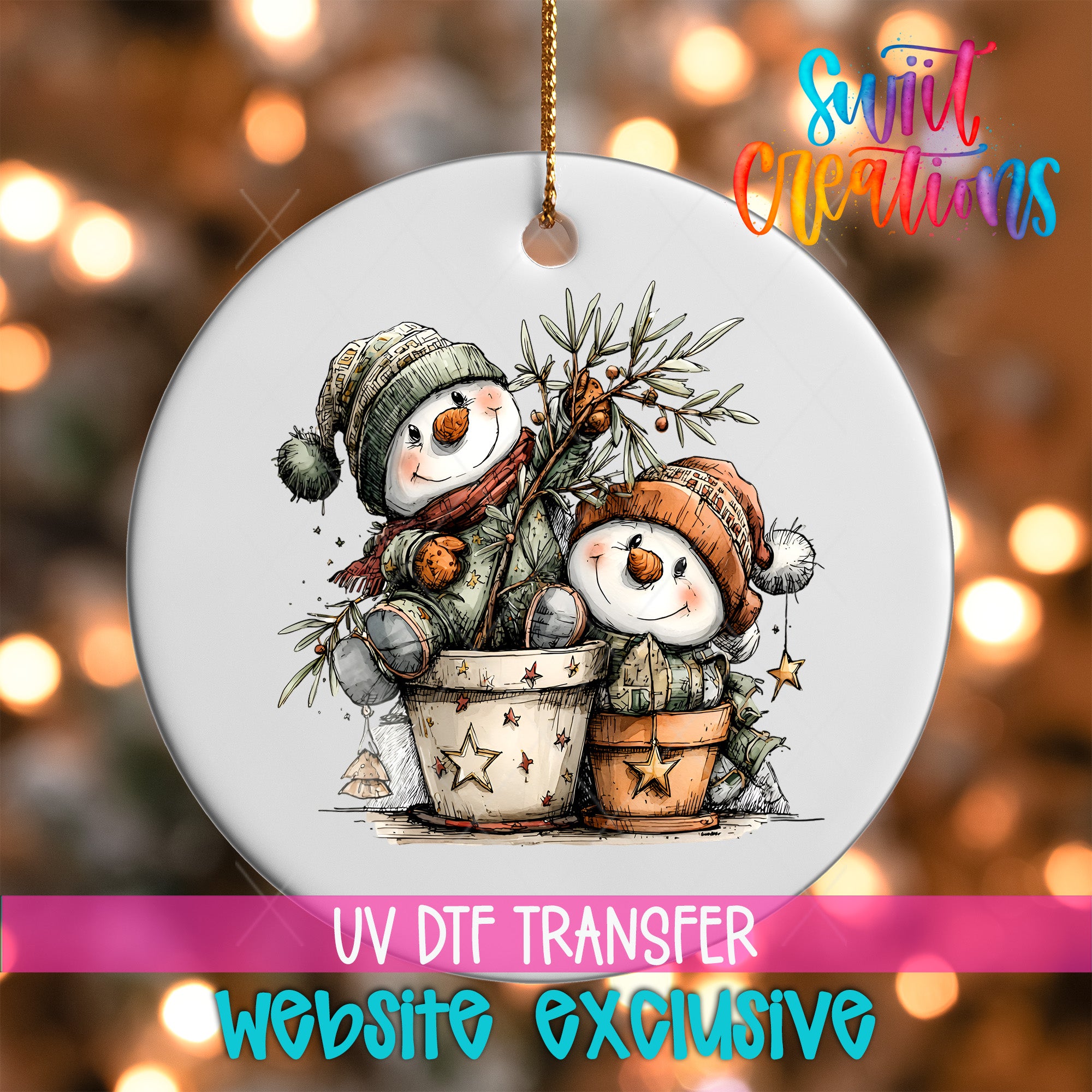 A white ceramic ornament featuring two snowmen in a pot, surrounded by holiday decorations, with a pink banner below that reads "UV DFT Transfer Website exclusive".