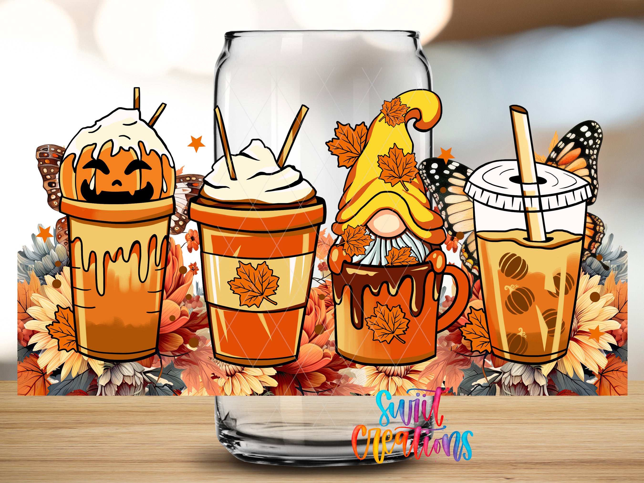 A collection of four illustrated beverages, including a pumpkin-themed drink, a coffee drink with a gnome, a pumpkin-themed drink, and a pumpkin-themed drink, all set against a background of autumn leaves and flowers.