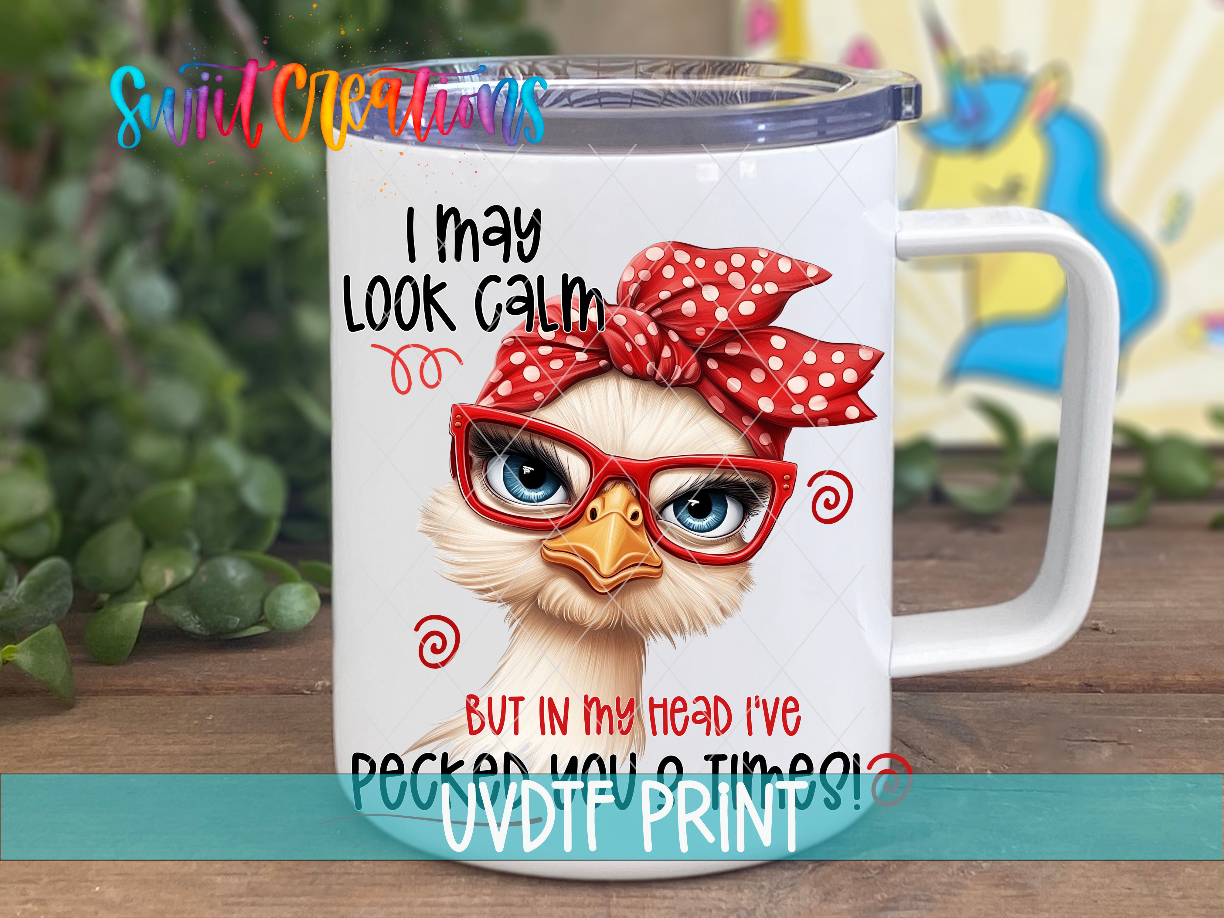 A mug with a cartoon image of a bird wearing glasses and a red headband, along with text that says "I may look calm but in my head I've Packed too many things".