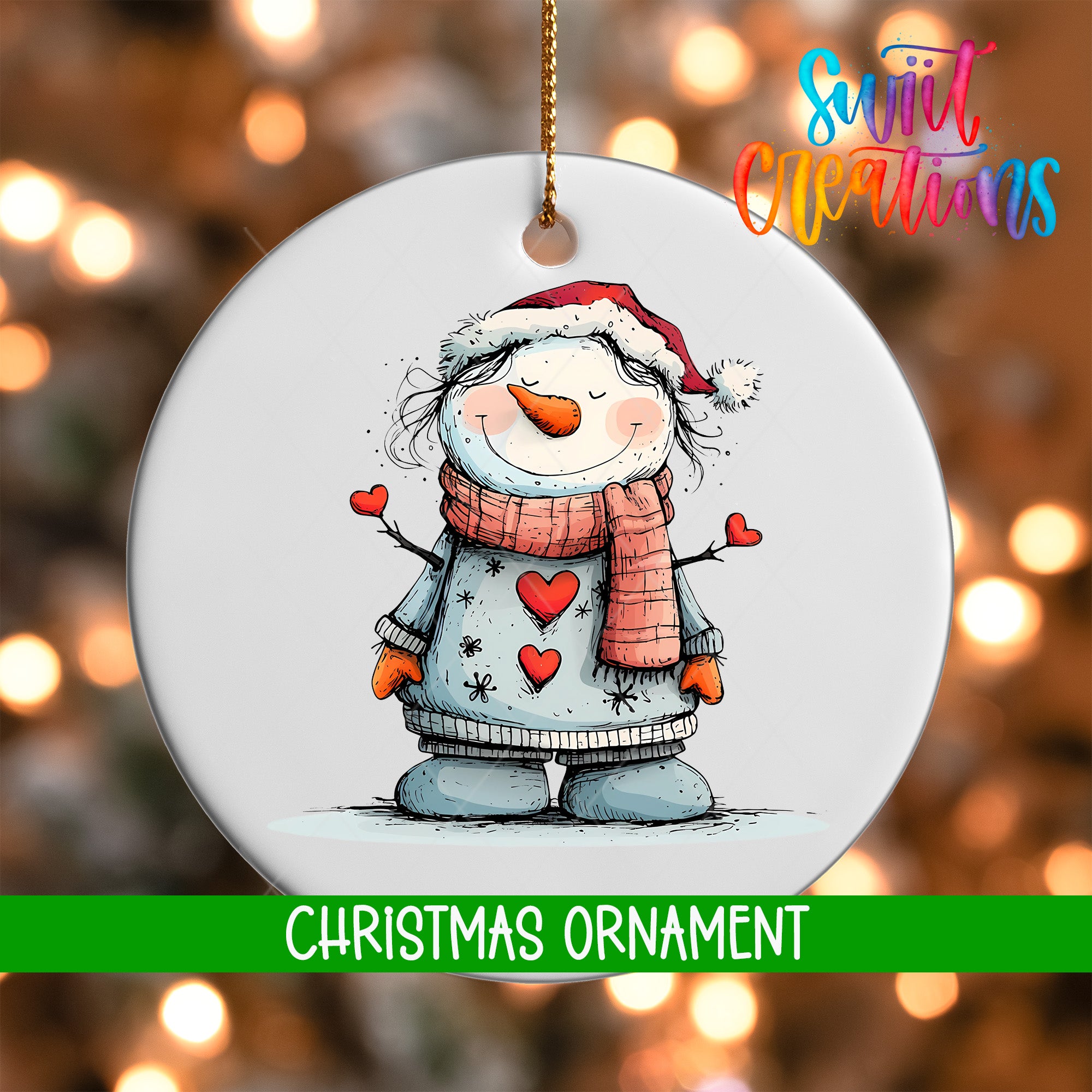 A white Christmas ornament featuring a snowman with a red scarf and a heart-shaped scarf around its neck, holding a heart-shaped ornament in its hand.