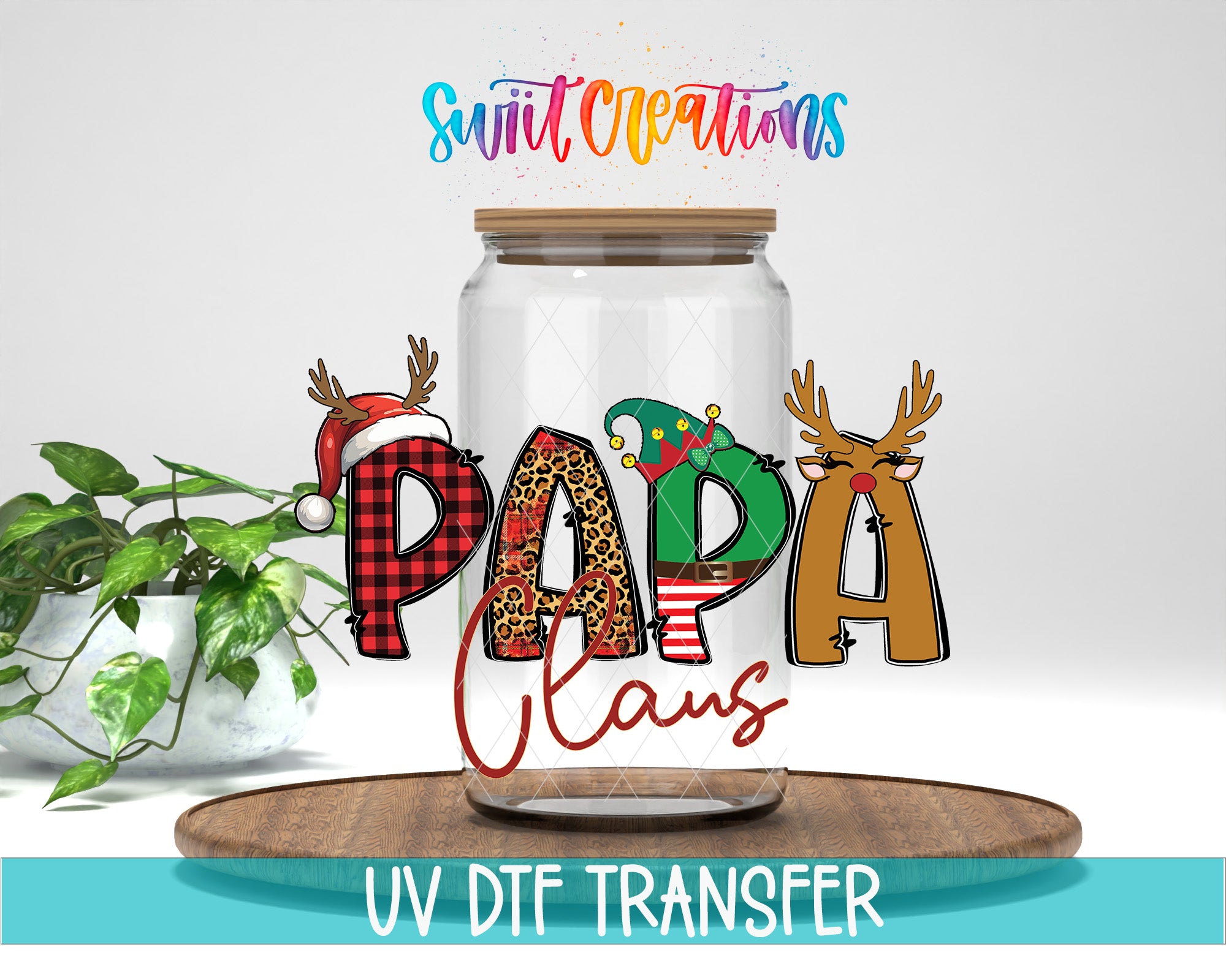 A glass jar with the word "PAPA" written on it, surrounded by various holiday-themed decorations such as reindeer, snowmen, and Christmas trees.