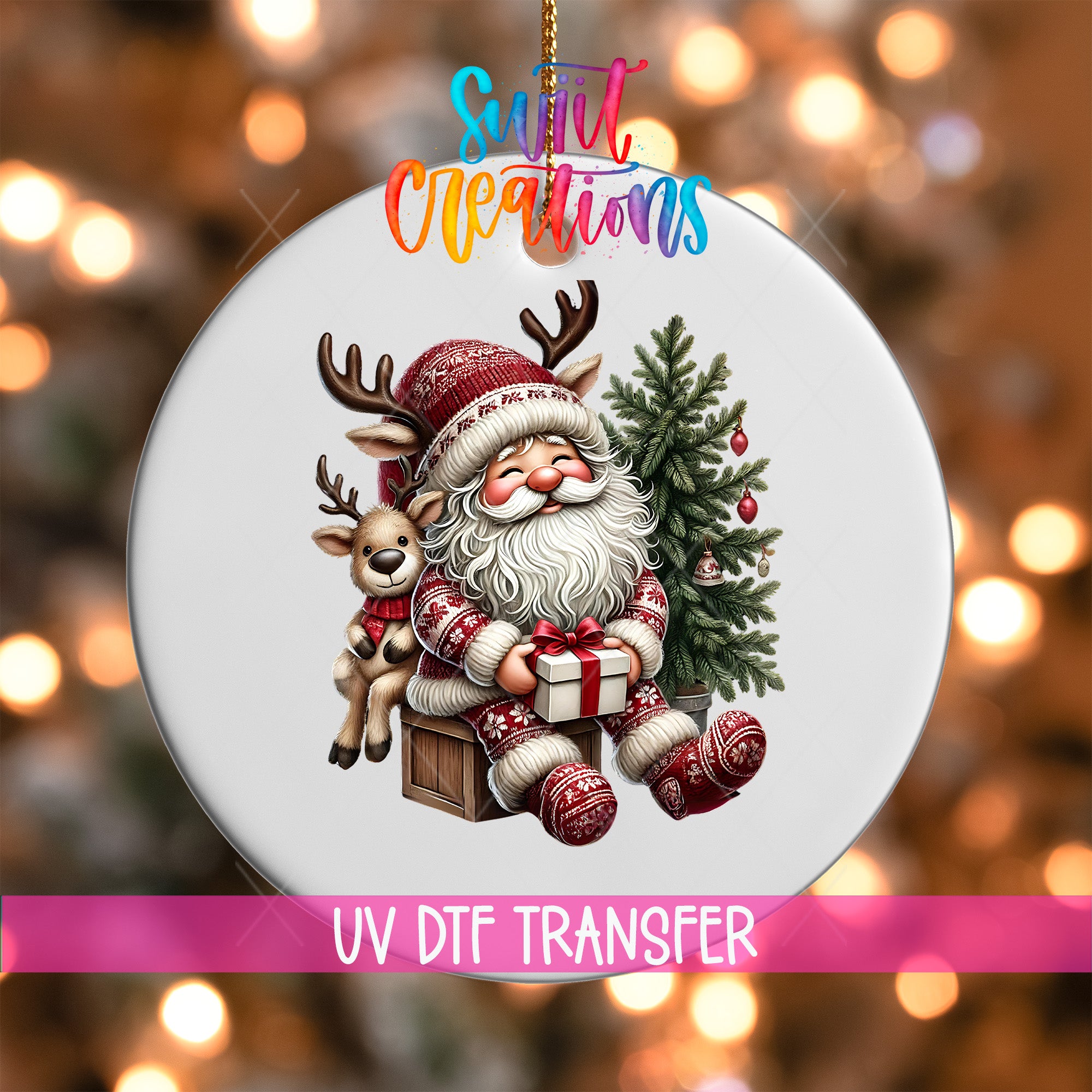 A white ornament featuring a smiling Santa Claus holding a reindeer and a Christmas tree, with the text "UV Dtf Transfer" below the image.