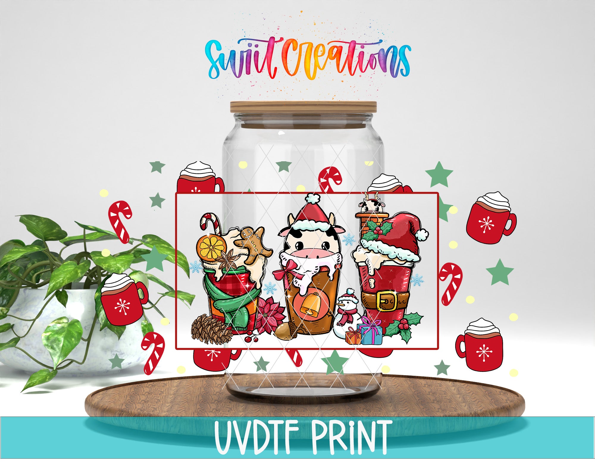 The image is a collage featuring a glass jar with illustrations of cartoon animals, including a cow, surrounded by Christmas decorations such as candy canes, stars, and snowflakes.