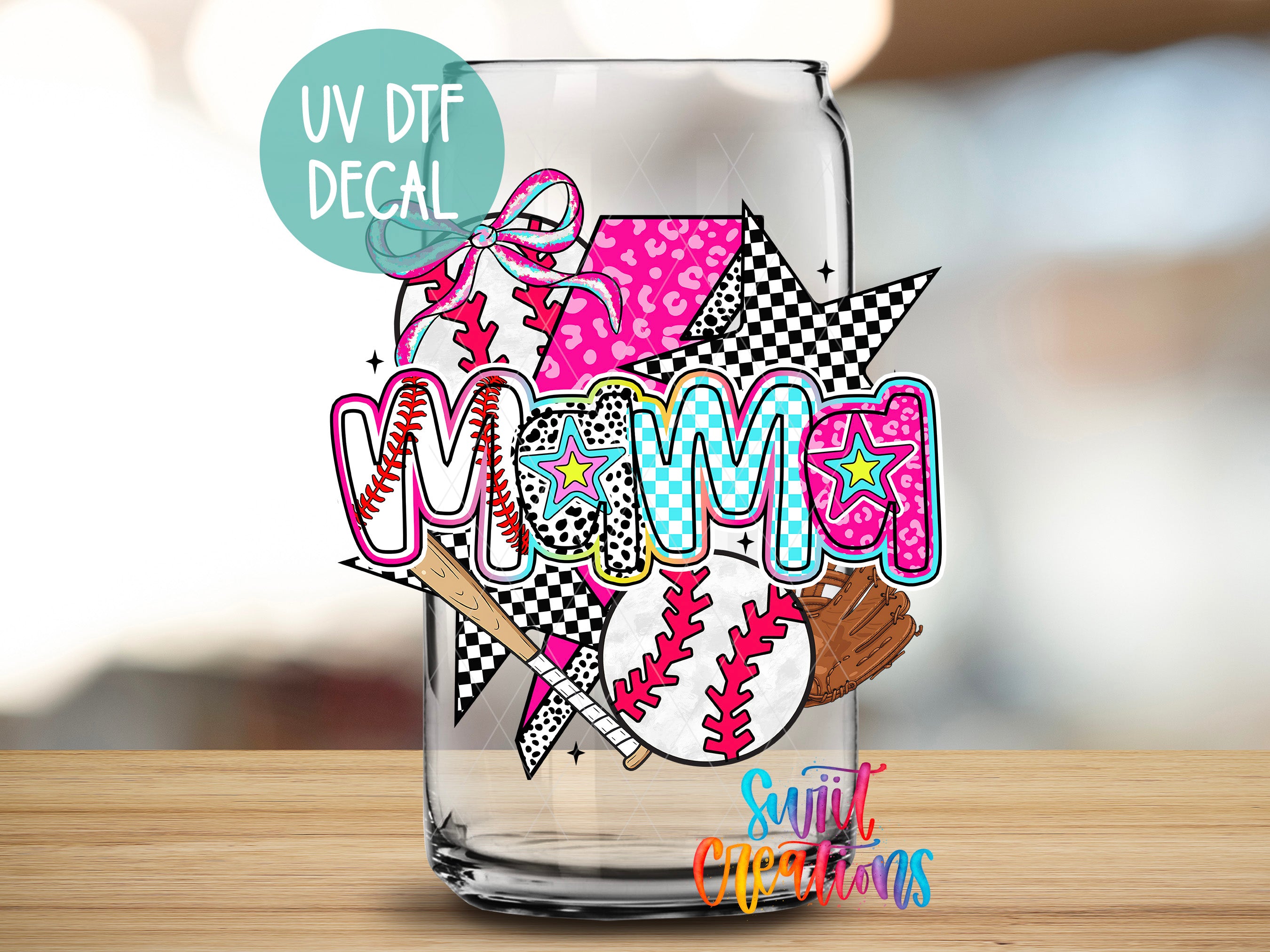 A glass jar with a UV decal featuring a colorful, abstract design with various shapes and patterns, including baseballs, stars, and other decorative elements.